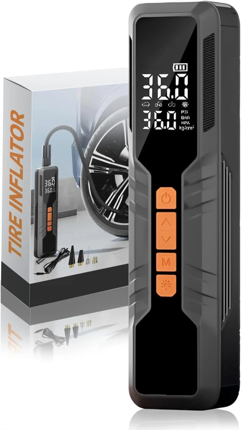 کمپرسور هوای قابل حمل Alayjah، ۱۵۰ PSI، نمایشگر LCD، باتری های قابل شارژ ۶۰۰۰mAh، نرخ جریان ۲۰ لیتر در دقیقه، چراغ های اضطراری قرمز و سفید ۱۱۱۰۰۱۲۰