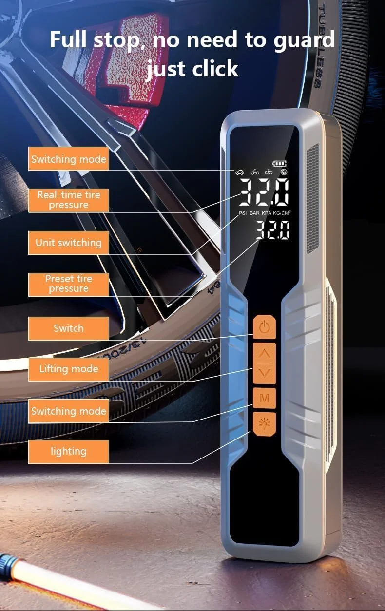 کمپرسور هوای قابل حمل Alayjah، ۱۵۰ PSI، نمایشگر LCD، باتری های قابل شارژ ۶۰۰۰mAh، نرخ جریان ۲۰ لیتر در دقیقه، چراغ های اضطراری قرمز و سفید ۱۱۱۰۰۱۲۰