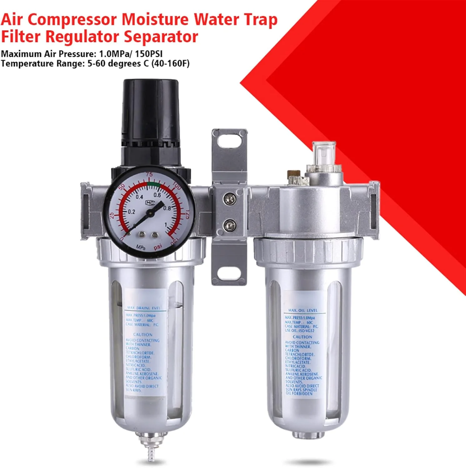 فیلتر رگولاتور کمپرسور هوا SFC300 سایز 3/8 اینچ، لوازم جانبی رگولاتور فشار هوا، ابزار جداکننده و پاک کننده تله آب و رطوبت به همراه گیج برای محافظت از ابزارهای بادی