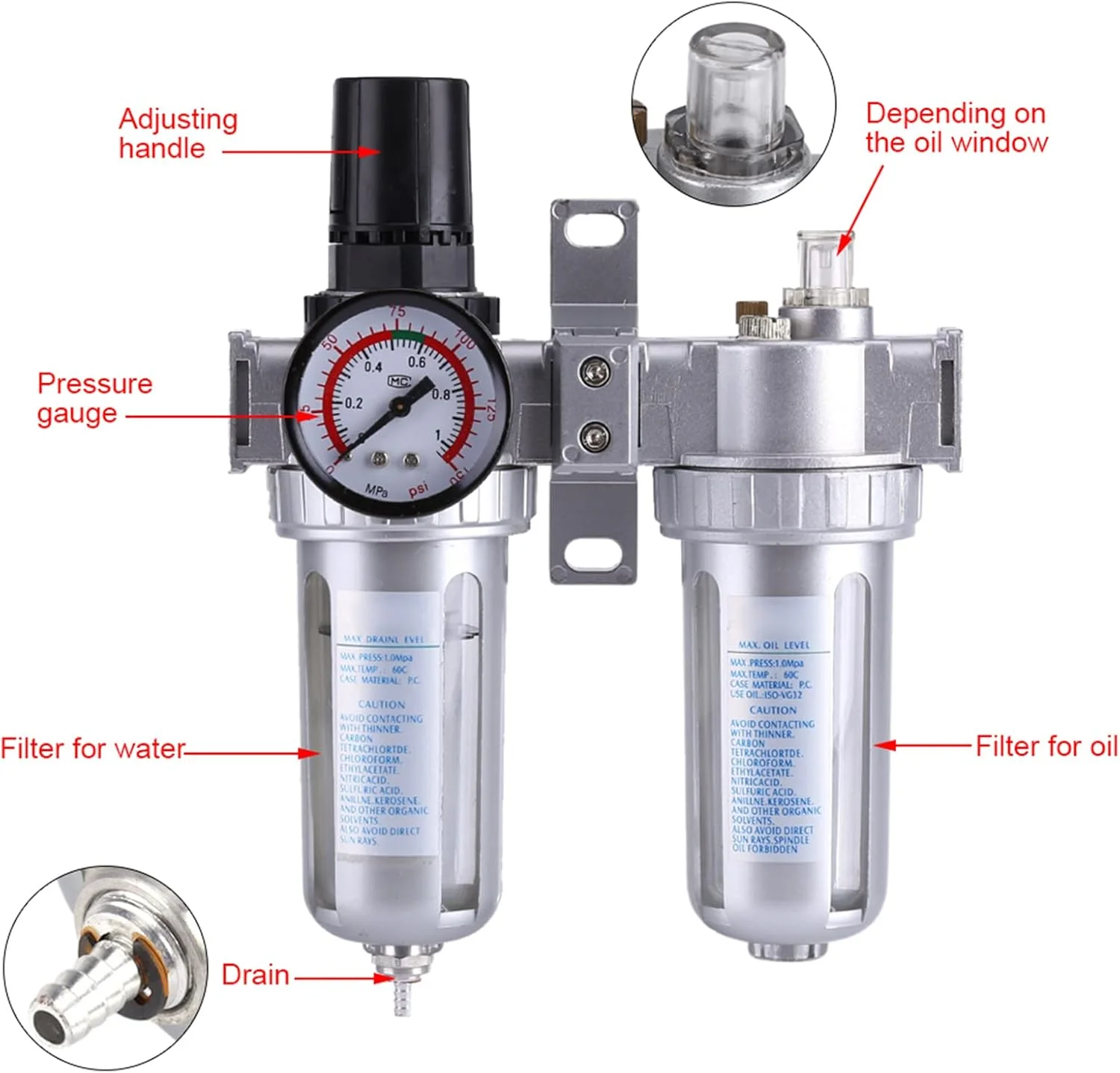 فیلتر رگولاتور کمپرسور هوا SFC300 سایز 3/8 اینچ، لوازم جانبی رگولاتور فشار هوا، ابزار جداکننده و پاک کننده تله آب و رطوبت به همراه گیج برای محافظت از ابزارهای بادی