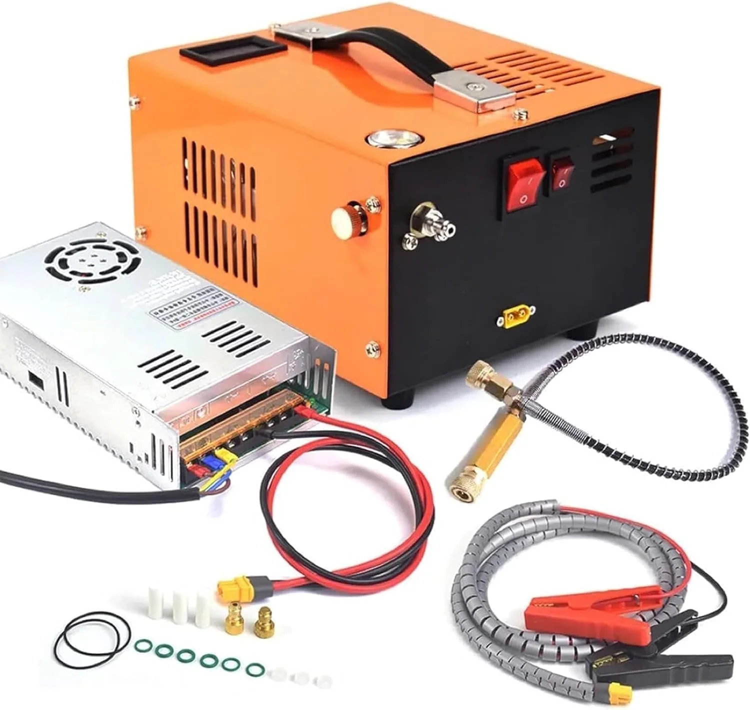 کمپرسور قابل حمل KEULEN، کمپرسور هوا PCP با دماسنج، فشارسنج، 30Mpa 4500Psi 300 BAR پمپ تفنگ بادی فشار قوی، پمپ کمپرسور PCP بدون روغن/آب با مبدل برق، خنک کننده فن