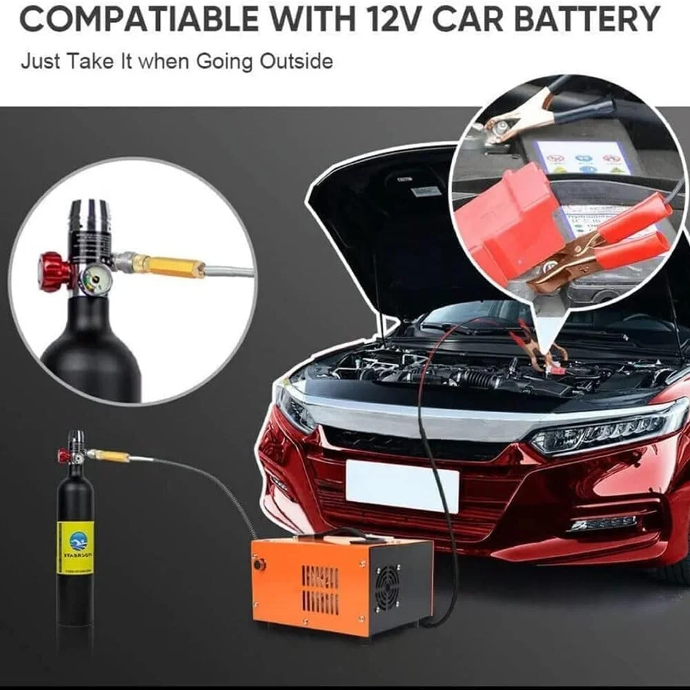 کمپرسور قابل حمل KEULEN، کمپرسور هوا PCP با دماسنج، فشارسنج، 30Mpa 4500Psi 300 BAR پمپ تفنگ بادی فشار قوی، پمپ کمپرسور PCP بدون روغن/آب با مبدل برق، خنک کننده فن