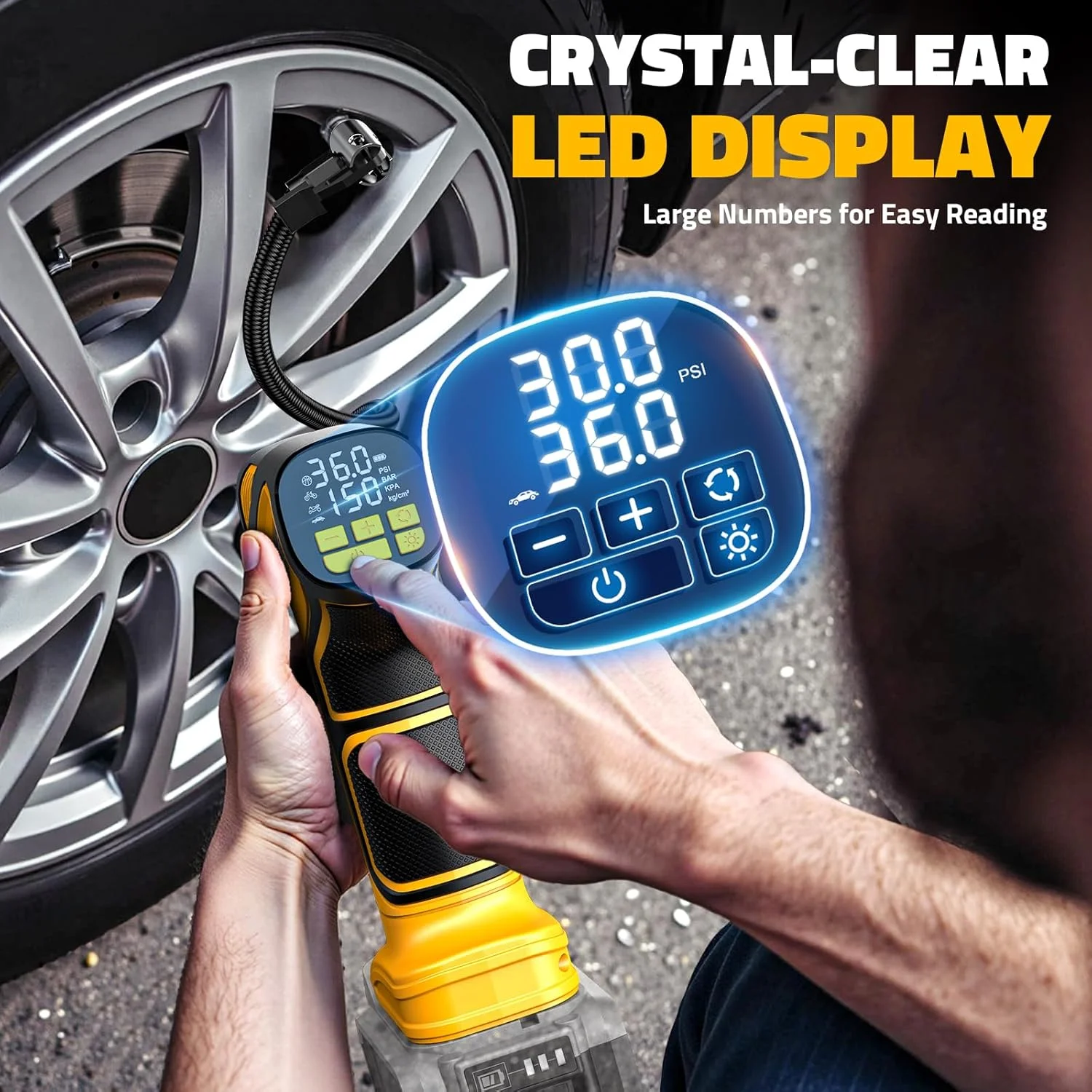 پمپ باد تایر بی سیم 150PSI DIYtoolifz، کمپرسور هوای قابل حمل برقی با فشارسنج دیجیتال و چراغ LED اضطراری برای ماشین، موتور سیکلت، دوچرخه، توپ، خودرو (فقط بدنه)