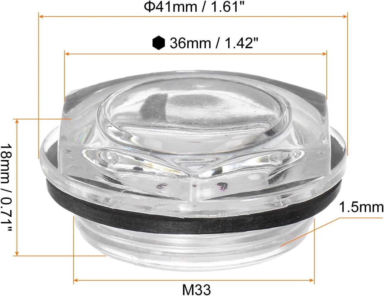 نشانگر سطح روغن کمپرسور هوا QUARKZMAN، رزوه M33 x 1.5 میلی متر، نشانگر سطح مایع شش ضلعی پلاستیکی، پنجره نشانگر روغن با حلقه O، برای مخازن انتقال، شفاف، بسته 2 عددی
