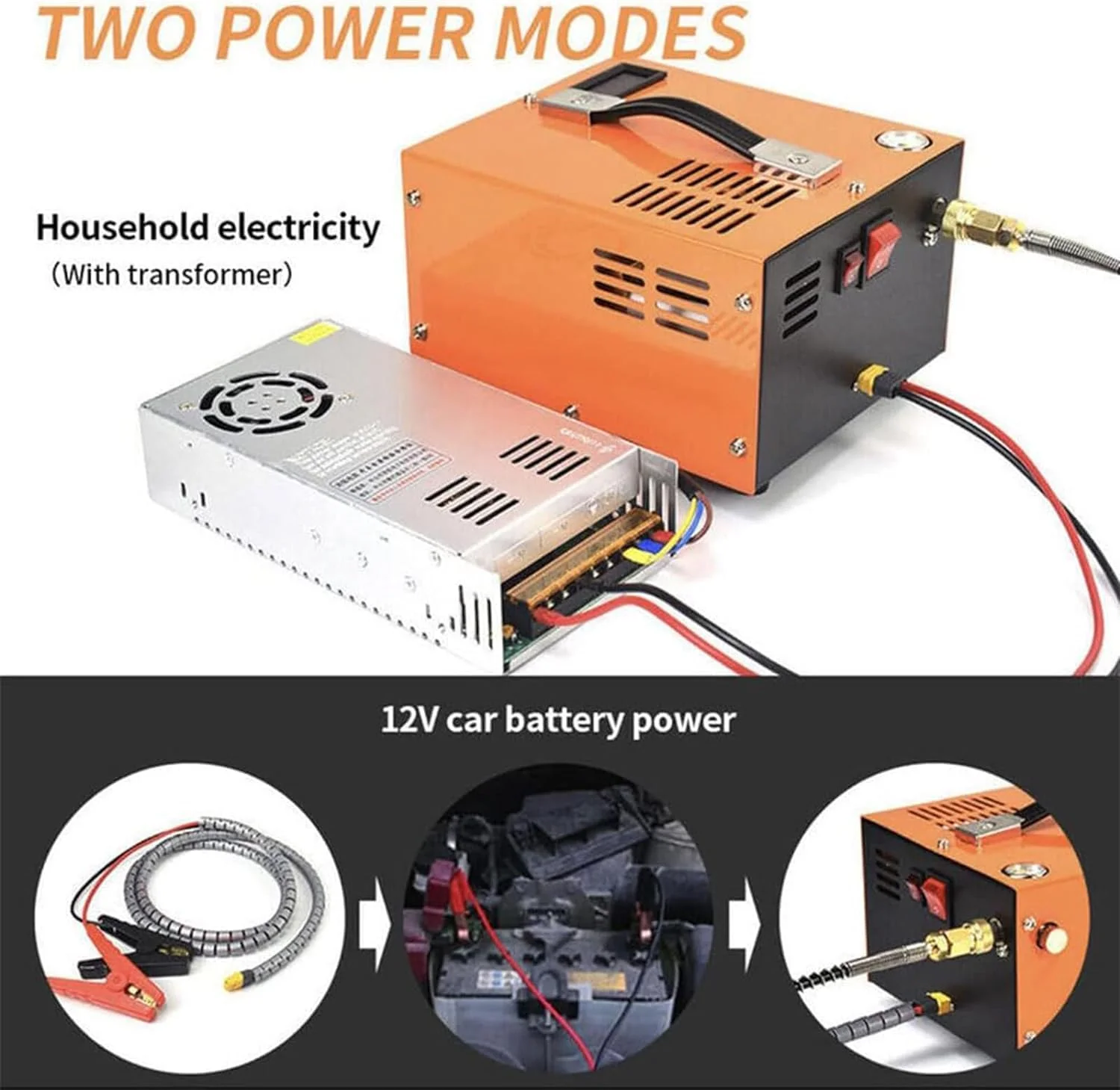 کمپرسور قابل حمل KEULEN، کمپرسور هوا PCP با دماسنج، فشارسنج، 30Mpa 4500Psi 300 BAR پمپ تفنگ بادی فشار قوی، پمپ کمپرسور PCP بدون روغن/آب با مبدل برق، خنک کننده فن