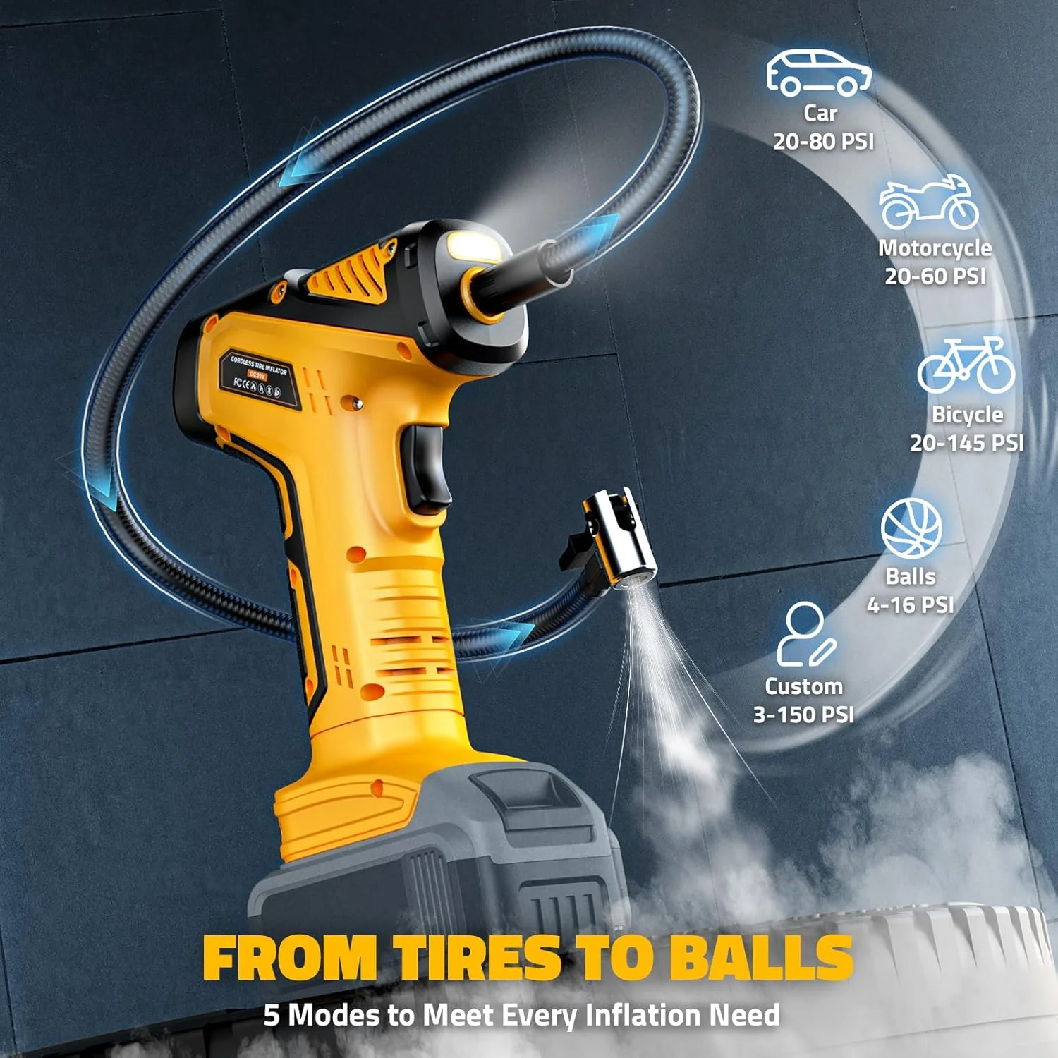 پمپ باد تایر بی سیم 150PSI DIYtoolifz، کمپرسور هوای قابل حمل برقی با فشارسنج دیجیتال و چراغ LED اضطراری برای ماشین، موتور سیکلت، دوچرخه، توپ، خودرو (فقط بدنه)