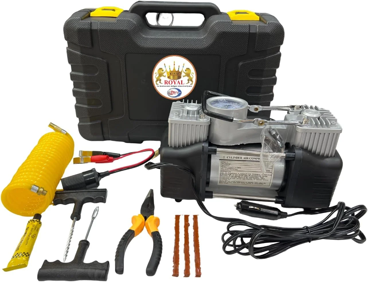 کمپرسور هوای دو سیلندر قابل حمل رویال مدل DYT-728، پمپ باد چند منظوره خودرو با ابزار دقیق، 12 ولت/30 آمپر/150 PSI مناسب برای لاستیک خودرو/موتور/کامیون به همراه فشارسنج