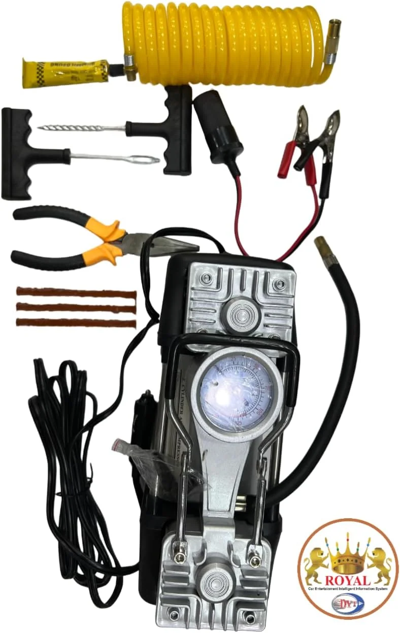 کمپرسور هوای دو سیلندر قابل حمل رویال مدل DYT-728، پمپ باد چند منظوره خودرو با ابزار دقیق، 12 ولت/30 آمپر/150 PSI مناسب برای لاستیک خودرو/موتور/کامیون به همراه فشارسنج کمپرسور هوای دو سیلندر قابل حمل رویال مدل DYT-728، پمپ باد چند منظوره خودرو با ابزار دقیق، 12 ولت/30 آمپر/150 PSI مناسب برای لاستیک خودرو/موتور/کامیون به همراه فشارسنج