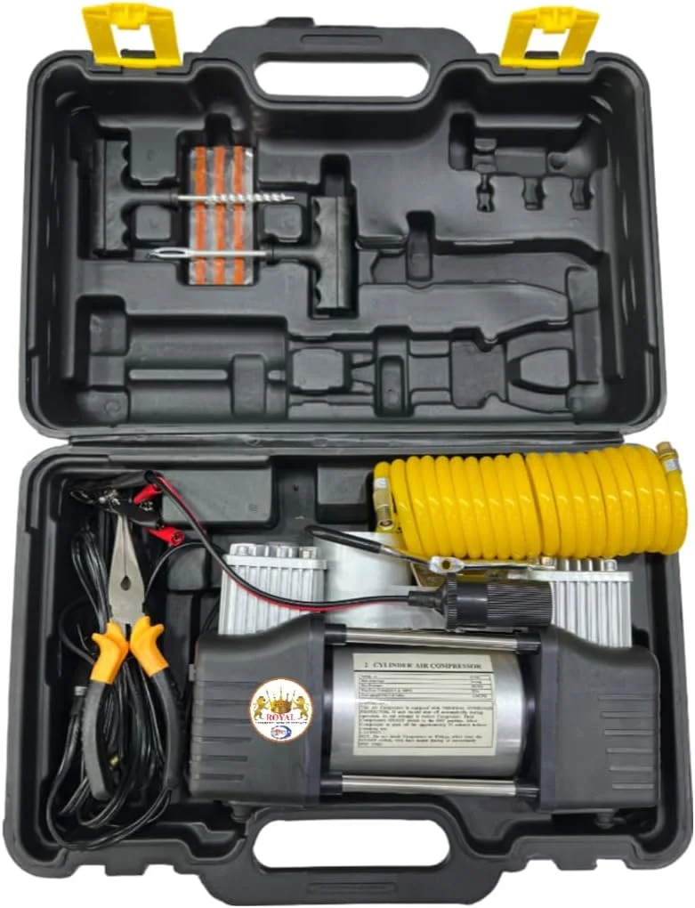 کمپرسور هوای دو سیلندر قابل حمل رویال مدل DYT-728، پمپ باد چند منظوره خودرو با ابزار دقیق، 12 ولت/30 آمپر/150 PSI مناسب برای لاستیک خودرو/موتور/کامیون به همراه فشارسنج کمپرسور هوای دو سیلندر قابل حمل رویال مدل DYT-728، پمپ باد چند منظوره خودرو با ابزار دقیق، 12 ولت/30 آمپر/150 PSI مناسب برای لاستیک خودرو/موتور/کامیون به همراه فشارسنج
