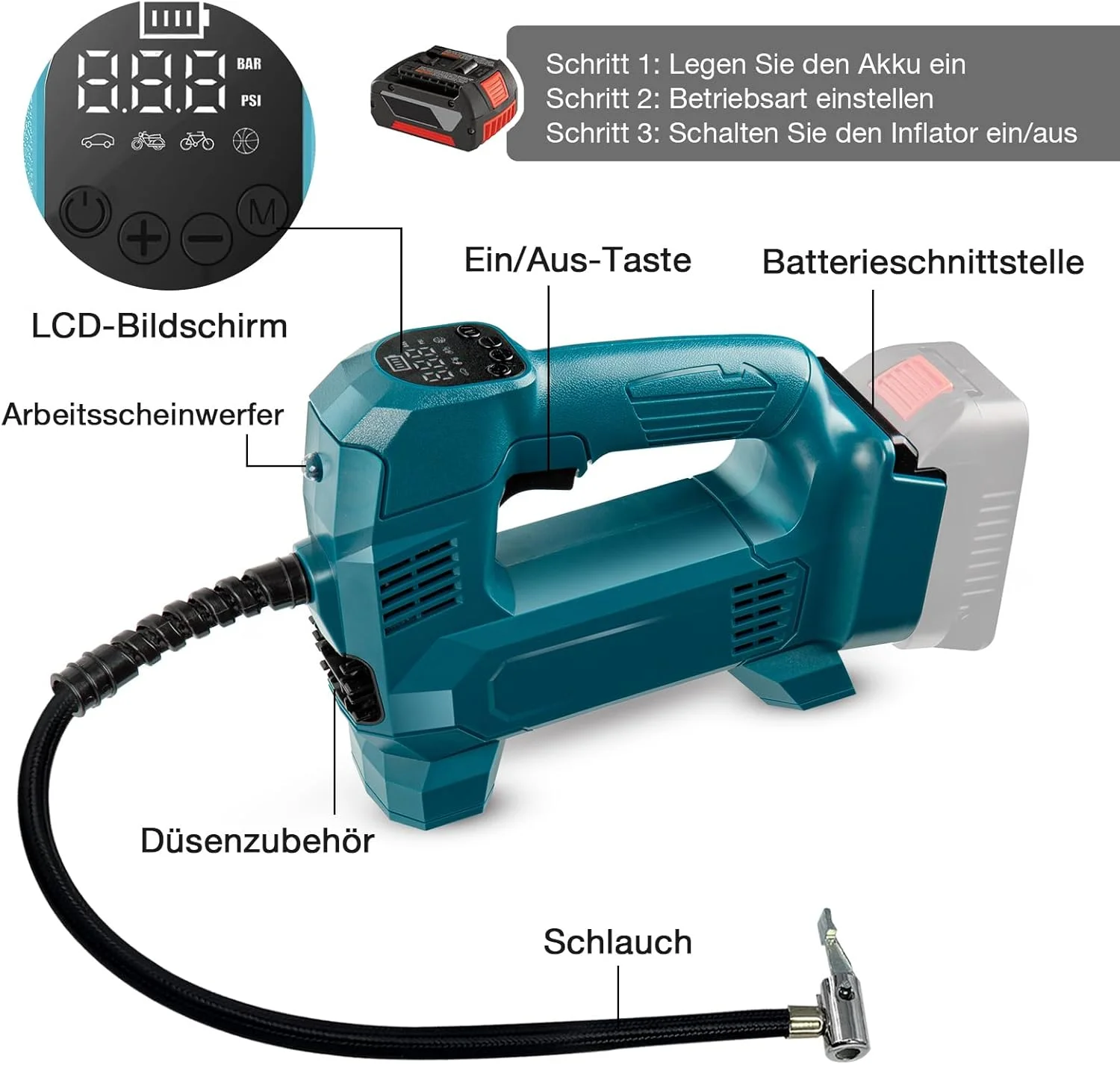 کمپرسور باتری Mucek برای بوش پروفشنال 18 ولت، 150 PSI/10.3 بار کمپرسور هوای قابل حمل، کمپرسور باتری ماشین با فشارسنج دیجیتال برای ماشین، موتور سیکلت، دوچرخه، توپ (بدون باتری)