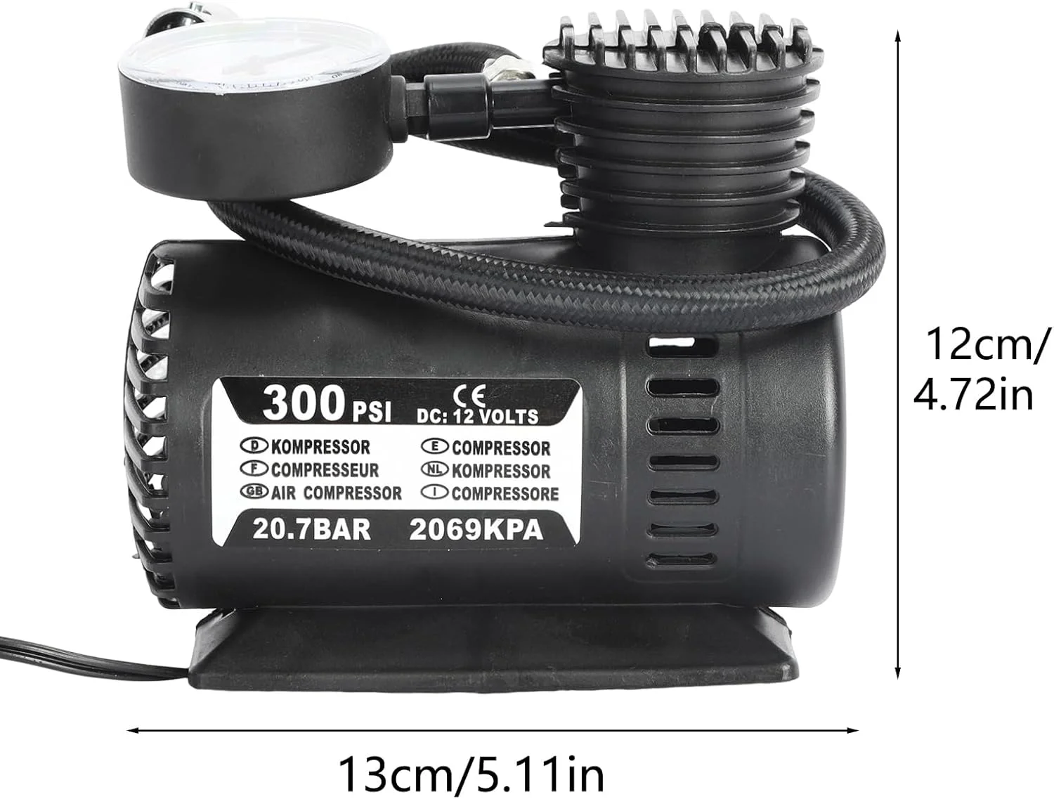 کمپرسور هوا 12 ولت با صدای کم و راندمان بالا، پمپ برقی باد تایر با فشارسنج برای فضای باز - مشکی