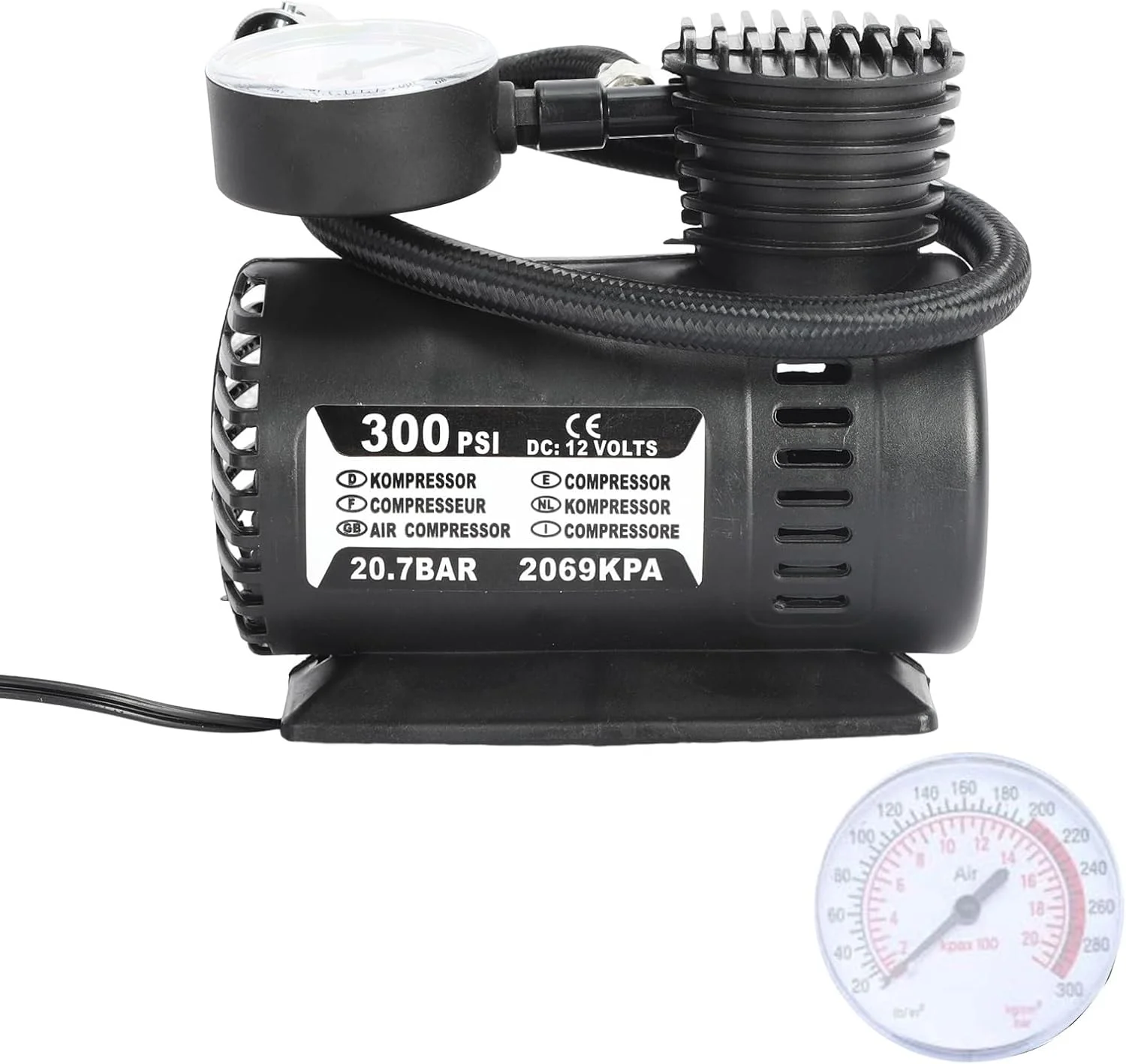 کمپرسور هوا 12 ولت با صدای کم و راندمان بالا، پمپ برقی باد تایر با فشارسنج برای فضای باز - مشکی