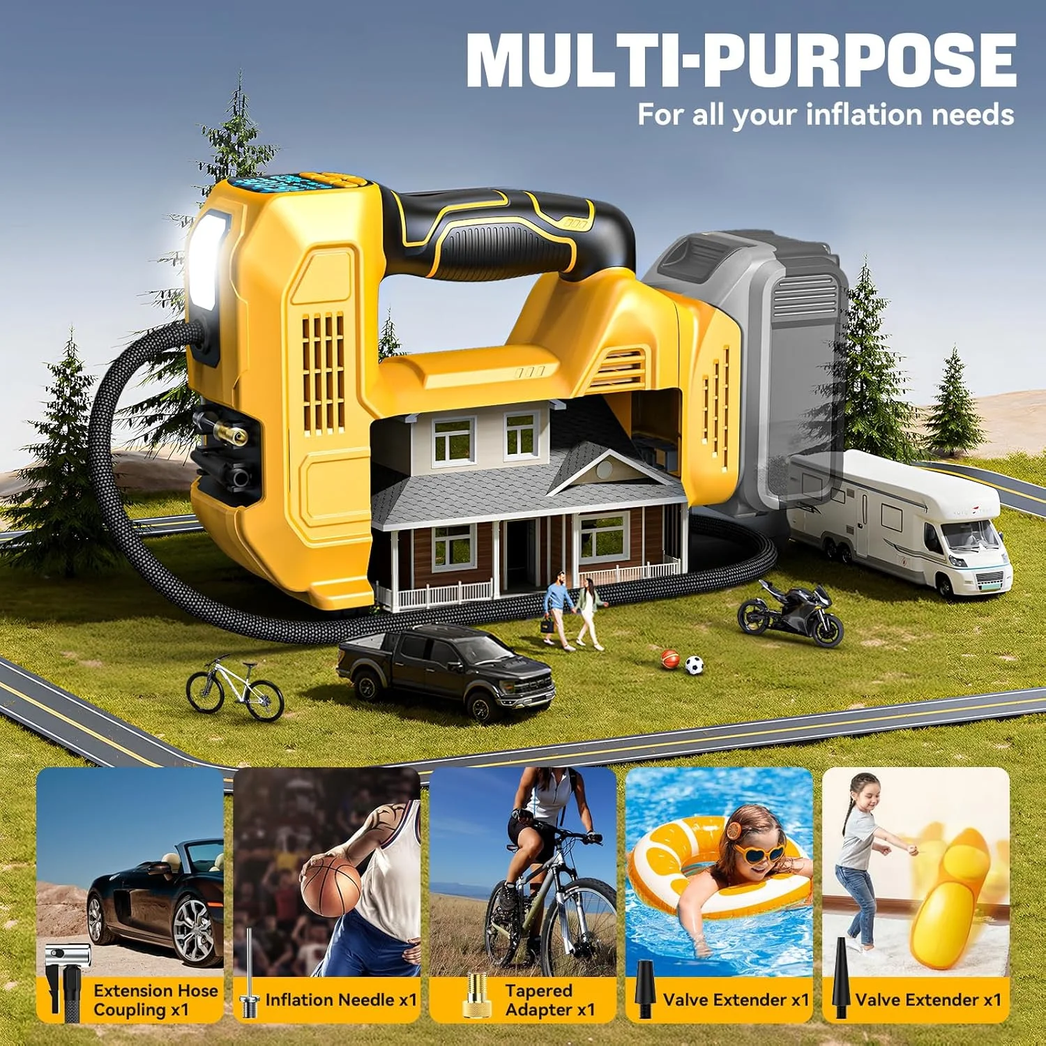 کمپرسور باد شارژی برای تایر سازگار با باتری 20 ولت Dewalt Max، پمپ باد دستی قابل حمل LIVOWALNY با گیج فشار دیجیتال برای ماشین، موتور سیکلت، دوچرخه، توپ های ورزشی (بدون باتری)