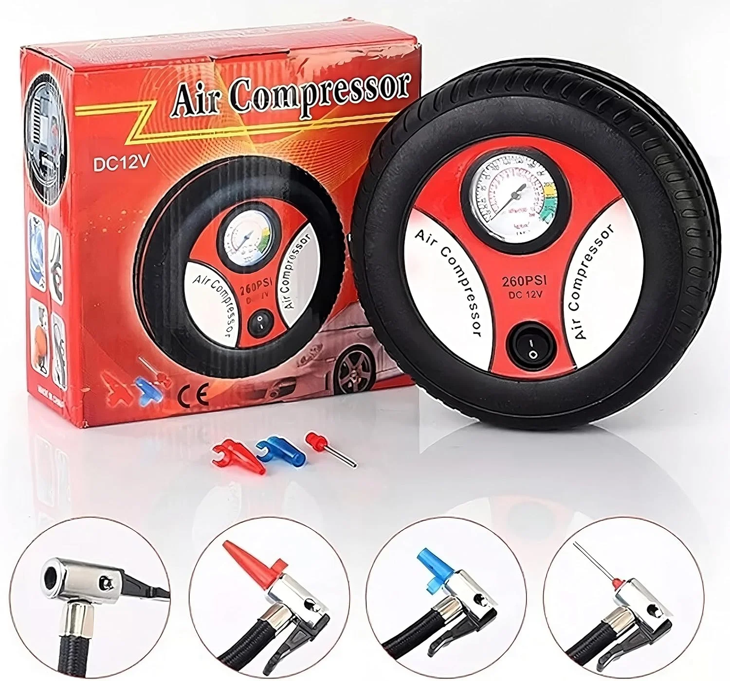 کمپرسور هوای خودرو Retoo 12V قابل حمل 260 PSI پمپ هوای برقی کمپرسور تایر خودرو 60W پمپ تایر قابل حمل برای خودرو دوچرخه موتور سیکلت کاروان تشک بادی 17x17x7cm