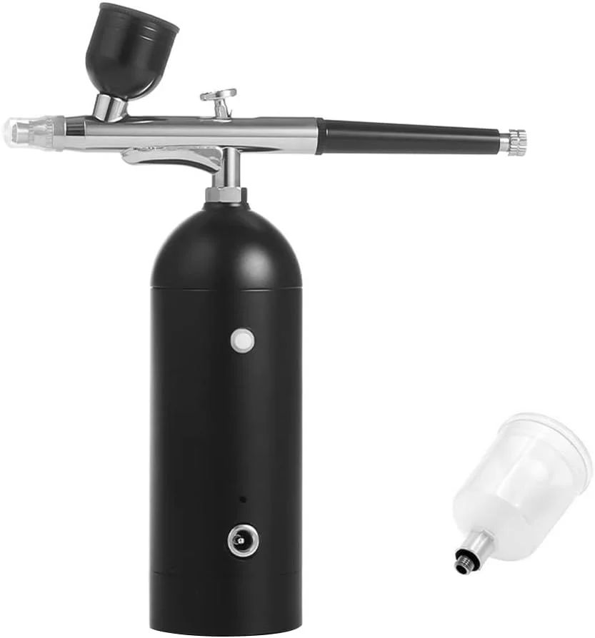 ایرواومی کیت قابل حمل با کمپرسور، ایربراش بی سیم دستی دو حالته با فشار هوای ۱۸PSI، باتری داخلی به همراه ۲ عدد مخزن رنگ برای نقاشی، رنگ آمیزی مدل، طراحی ناخن، آرایش و تزئین کیک