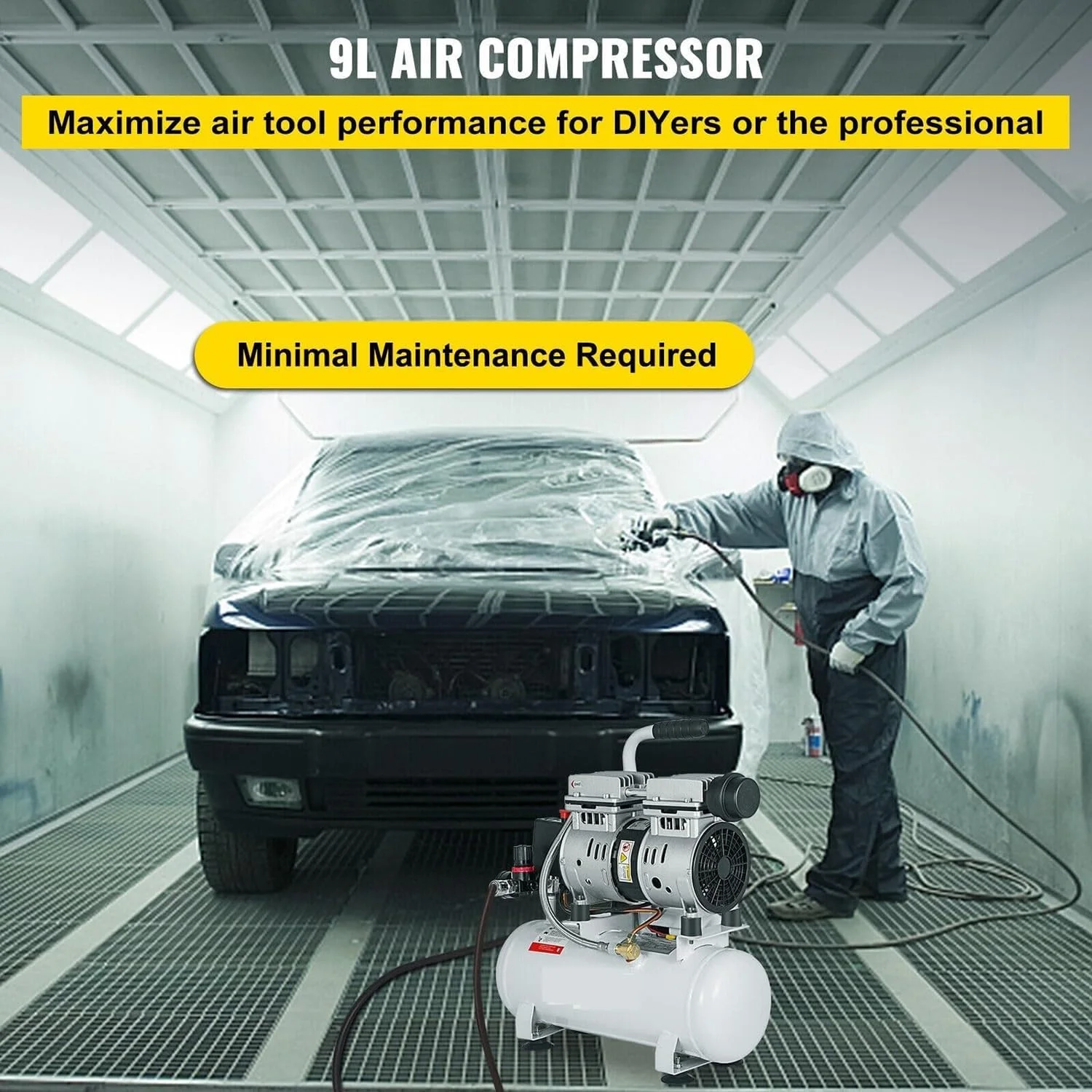 کمپرسور هوای بدون روغن MaxtiL با مخزن 9 لیتری، کمپرسور هوای بی صدا 550 وات 2 گالن با موتور مسی خالص، حمل/نگهداری آسان