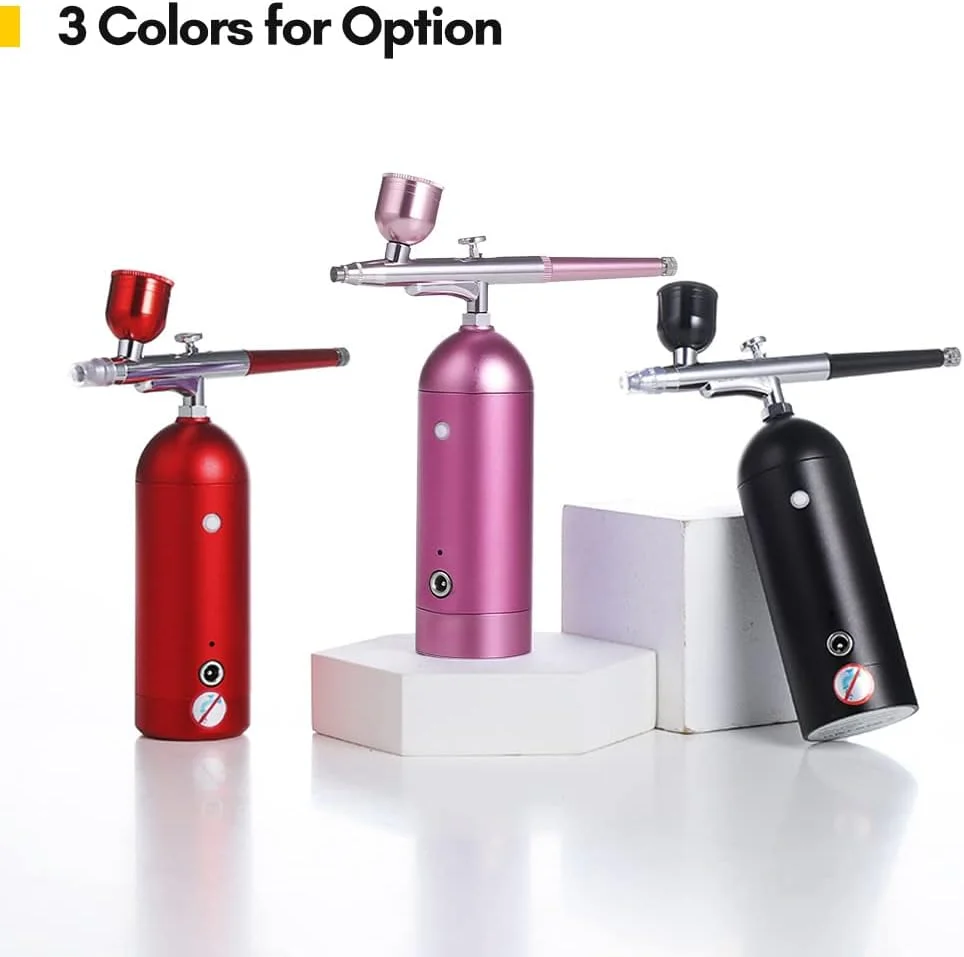 ایرواومی کیت قابل حمل با کمپرسور، ایربراش بی سیم دستی دو حالته با فشار هوای ۱۸PSI، باتری داخلی به همراه ۲ عدد مخزن رنگ برای نقاشی، رنگ آمیزی مدل، طراحی ناخن، آرایش و تزئین کیک