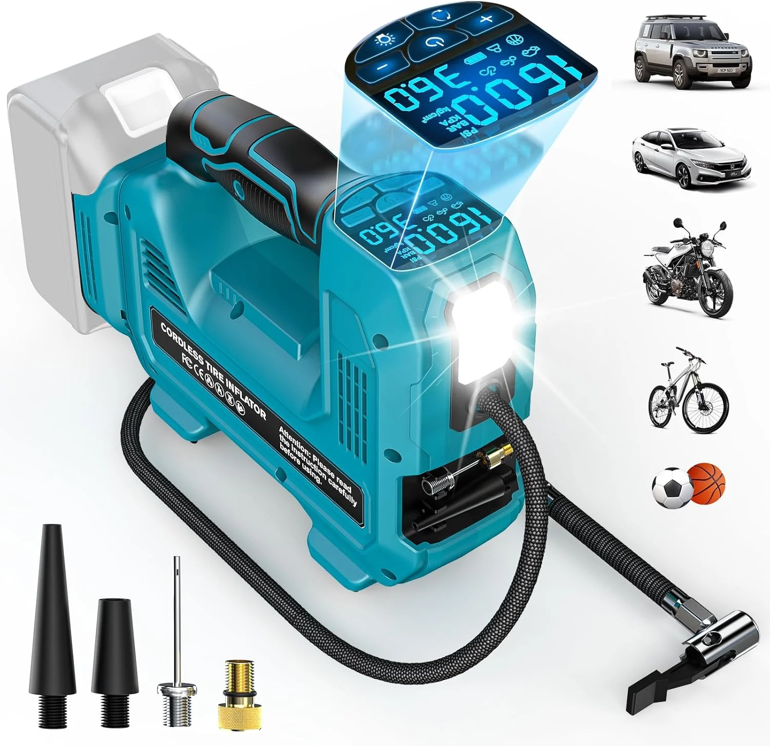 کمپرسور باد باتری خور Ecarke برای باتری ۱۸ ولت لیتیوم-یون Makita، حداکثر فشار ۱۱ بار، کمپرسور خودرو براشلس با گیج فشار دیجیتال، لوله افزایش طول و نازل برای خودرو، موتورسیکلت، دوچرخه، توپ های ورزشی