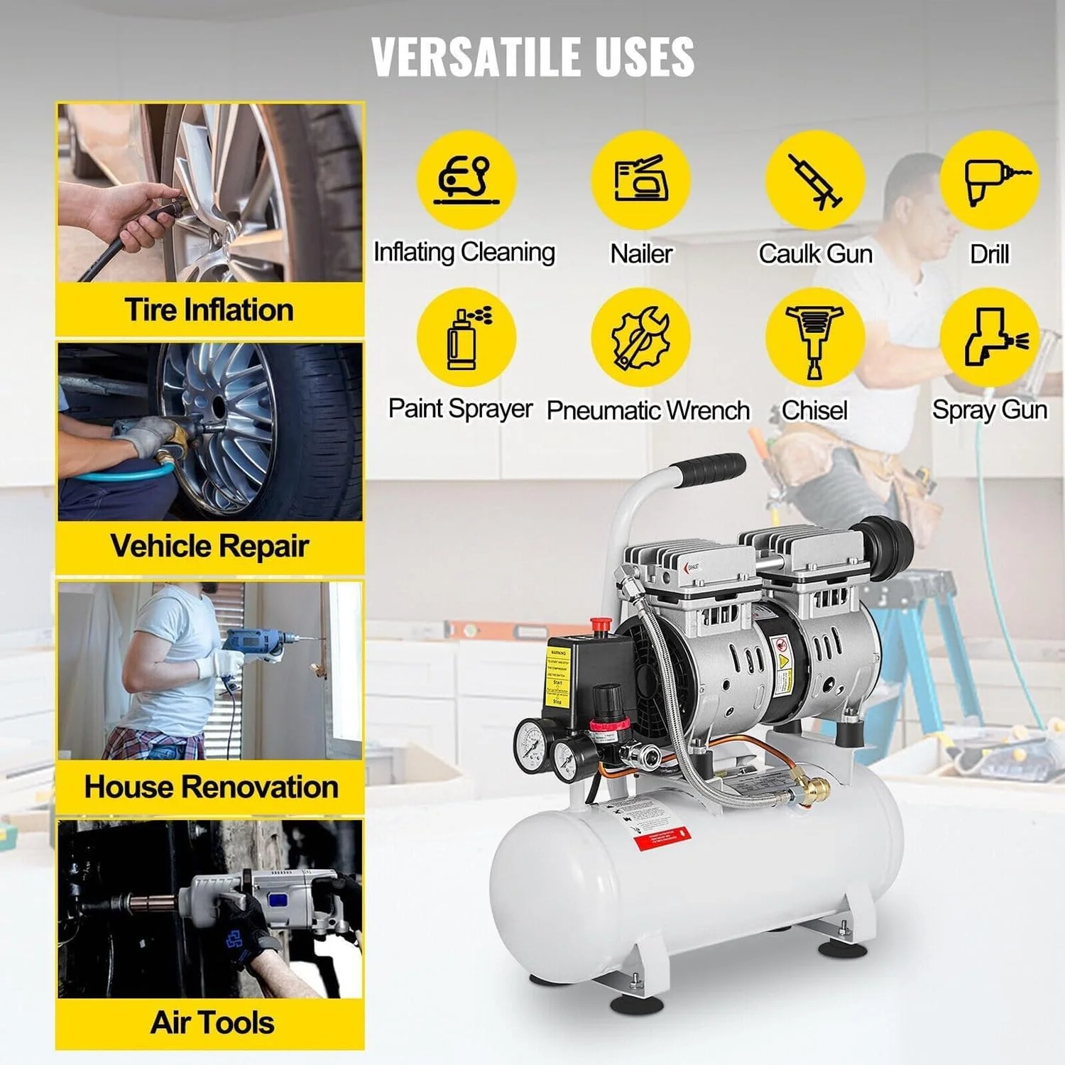 کمپرسور هوای بدون روغن MaxtiL با مخزن 9 لیتری، کمپرسور هوای بی صدا 550 وات 2 گالن با موتور مسی خالص، حمل/نگهداری آسان