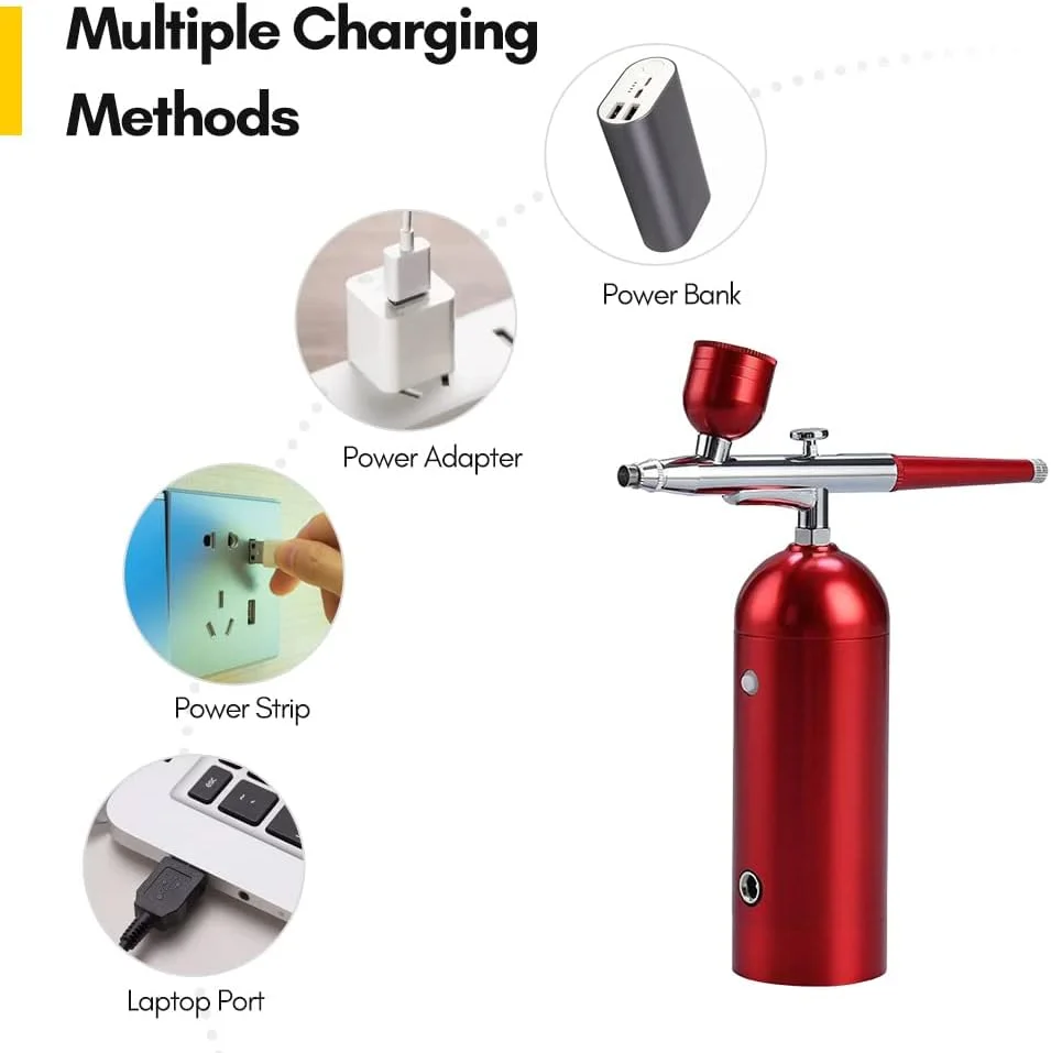 ایرواومی کیت قابل حمل با کمپرسور، ایربراش بی سیم دستی دو حالته با فشار هوای ۱۸PSI، باتری داخلی به همراه ۲ عدد مخزن رنگ برای نقاشی، رنگ آمیزی مدل، طراحی ناخن، آرایش و تزئین کیک