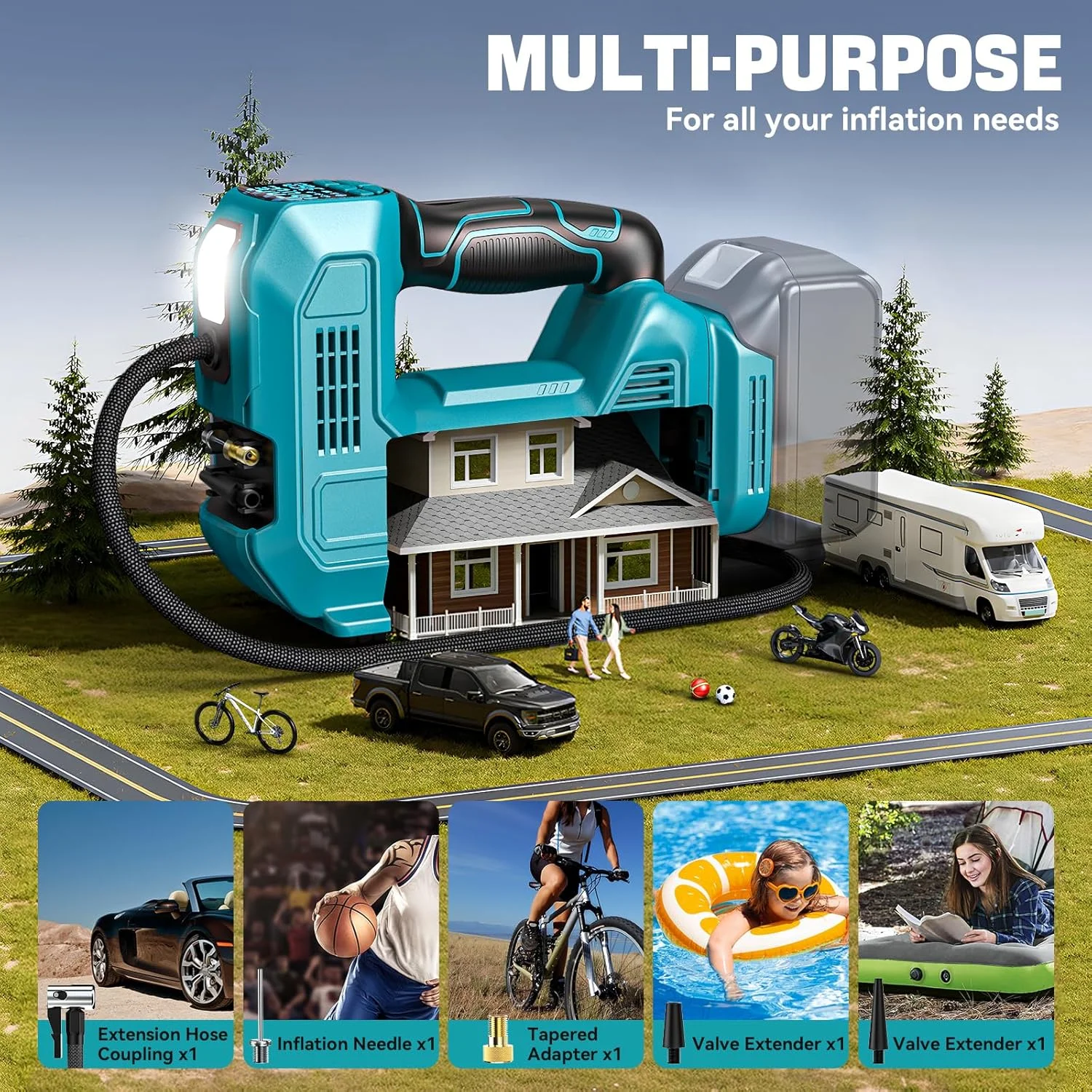 کمپرسور باد باتری خور Ecarke برای باتری ۱۸ ولت لیتیوم-یون Makita، حداکثر فشار ۱۱ بار، کمپرسور خودرو براشلس با گیج فشار دیجیتال، لوله افزایش طول و نازل برای خودرو، موتورسیکلت، دوچرخه، توپ های ورزشی