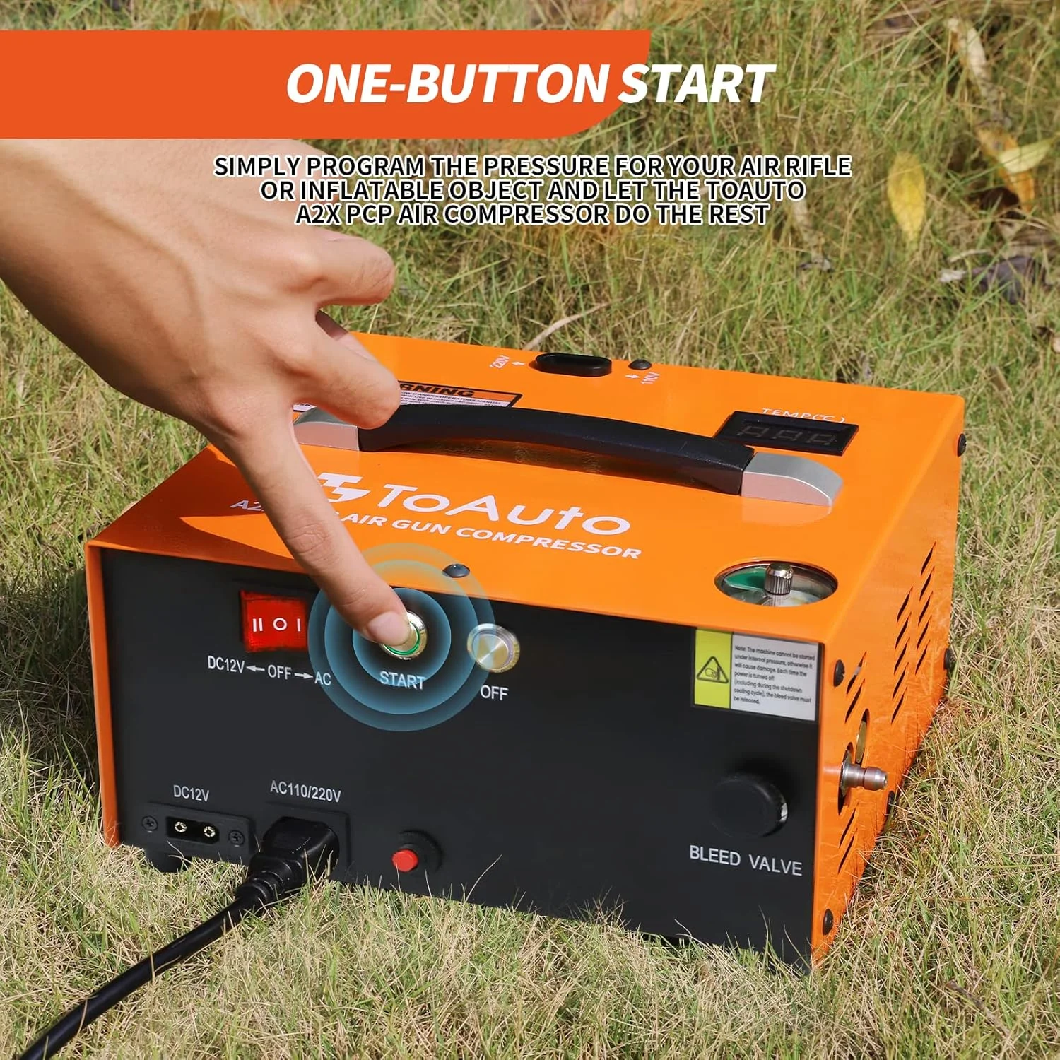 کمپرسور هوای ارتقا یافته FASTTOBUY TOAUTO A2X، شروع با یک دکمه، توقف خودکار، قابل حمل 4500Psi/30Mpa، بدون روغن/آب، کمپرسور HPA برای پینت بال/تفنگ بادی/مخزن غواصی، تغذیه شده توسط برق خانگی 110VAC یا خودرو 12VDC