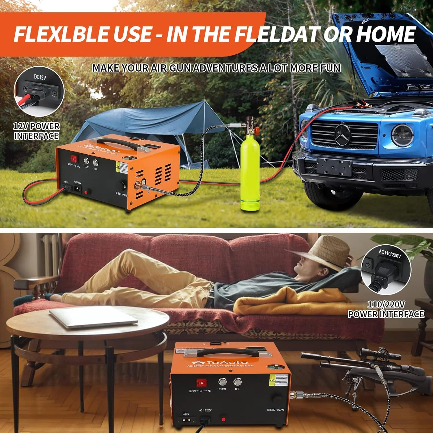 کمپرسور هوای ارتقا یافته FASTTOBUY TOAUTO A2X، شروع با یک دکمه، توقف خودکار، قابل حمل 4500Psi/30Mpa، بدون روغن/آب، کمپرسور HPA برای پینت بال/تفنگ بادی/مخزن غواصی، تغذیه شده توسط برق خانگی 110VAC یا خودرو 12VDC