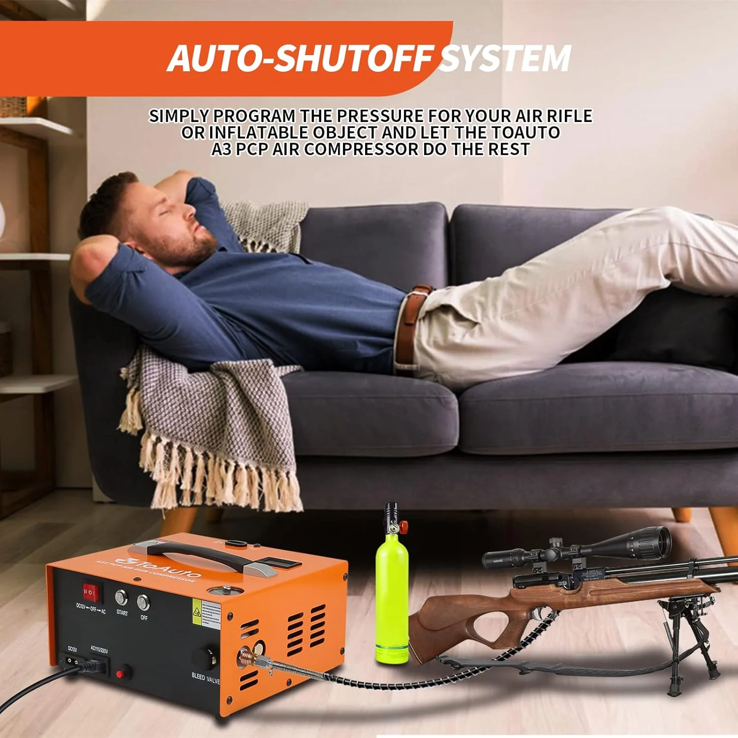 کمپرسور هوای ارتقا یافته FASTTOBUY TOAUTO A2X، شروع با یک دکمه، توقف خودکار، قابل حمل 4500Psi/30Mpa، بدون روغن/آب، کمپرسور HPA برای پینت بال/تفنگ بادی/مخزن غواصی، تغذیه شده توسط برق خانگی 110VAC یا خودرو 12VDC