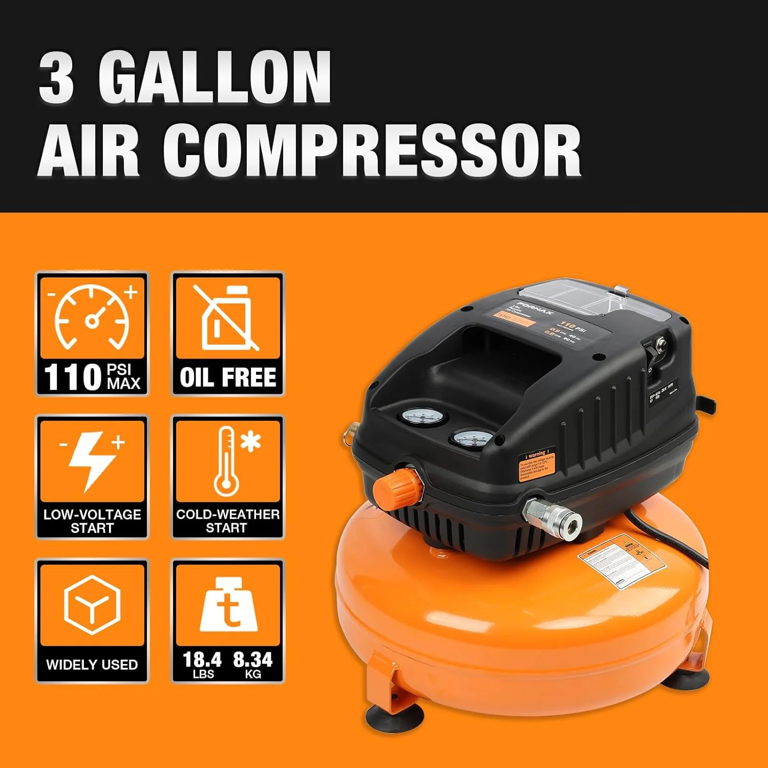 کمپرسور هوای پنکیکی FORNAX، ۳ گالن، ۱۰۰ PSI، کمپرسور هوای قابل حمل، بدون روغن