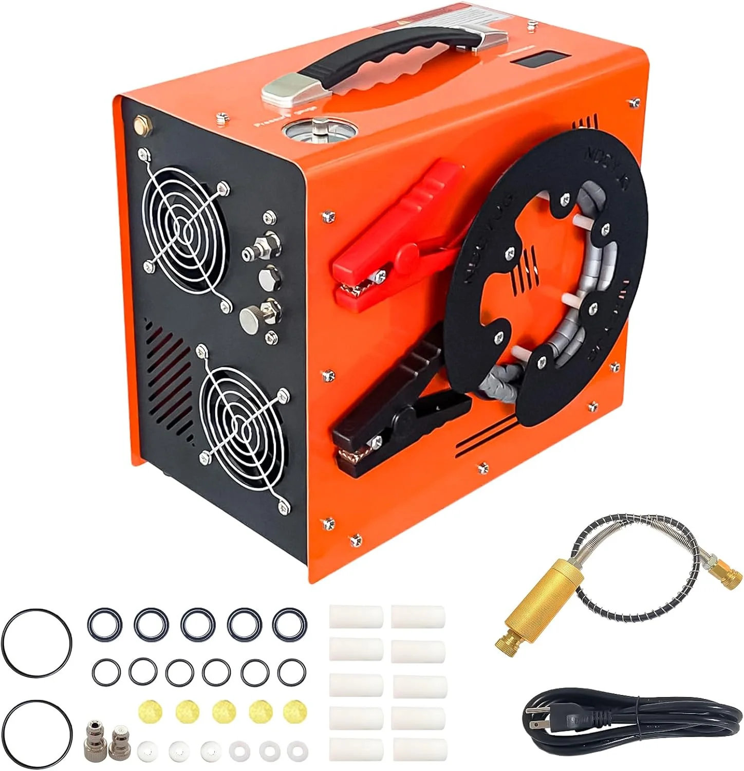 کمپرسور هوای پی سی پی NDCYJG، دارای مبدل داخلی فیلتر آب-روغن، توقف خودکار، بدون روغن/آب، طراحی منحصر به فرد قرقره سیم عمودی قابل حمل، تغذیه توسط خودرو 12 ولت DC یا خانه 110 ولت AC برای تانک پینت بال و غواصی