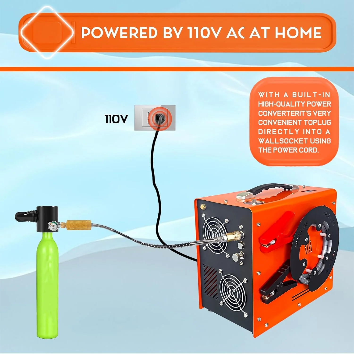 کمپرسور هوای پی سی پی NDCYJG، دارای مبدل داخلی فیلتر آب-روغن، توقف خودکار، بدون روغن/آب، طراحی منحصر به فرد قرقره سیم عمودی قابل حمل، تغذیه توسط خودرو 12 ولت DC یا خانه 110 ولت AC برای تانک پینت بال و غواصی