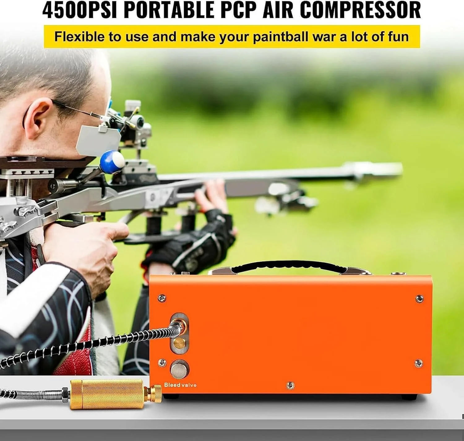 کمپرسور هوای فشرده ۴۵۰۰Psi PCP، بدون روغن/آب، با جداکننده آب/روغن، آداپتور برق داخلی، تفنگ بادی با قابلیت تنظیم فشار و خاموشی خودکار برای پینت بال و غواصی