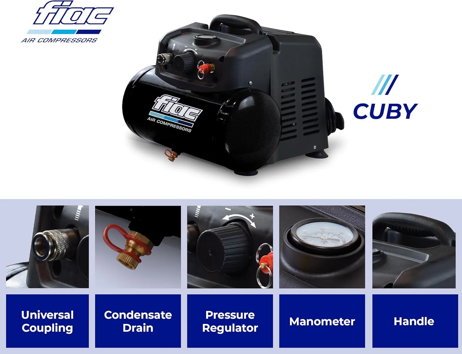 کمپرسور هوای قابل حمل FIAC CUBY، بدون روغن، حداکثر فشار 8 بار، 1.5 اسب بخار، مخزن 6 لیتری، سطح نویز 97 دسی بل