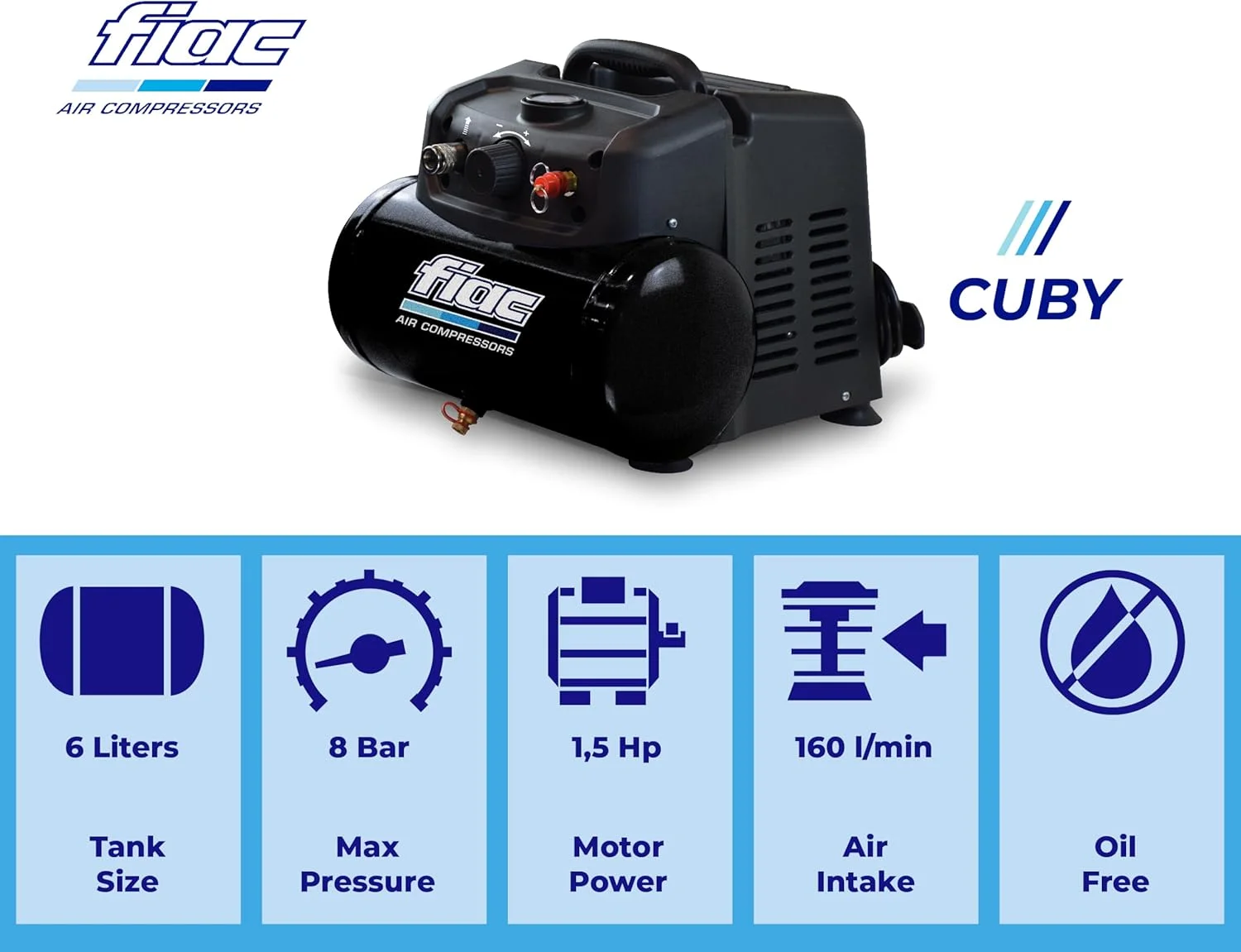 کمپرسور هوای قابل حمل FIAC CUBY، بدون روغن، حداکثر فشار 8 بار، 1.5 اسب بخار، مخزن 6 لیتری، سطح نویز 97 دسی بل