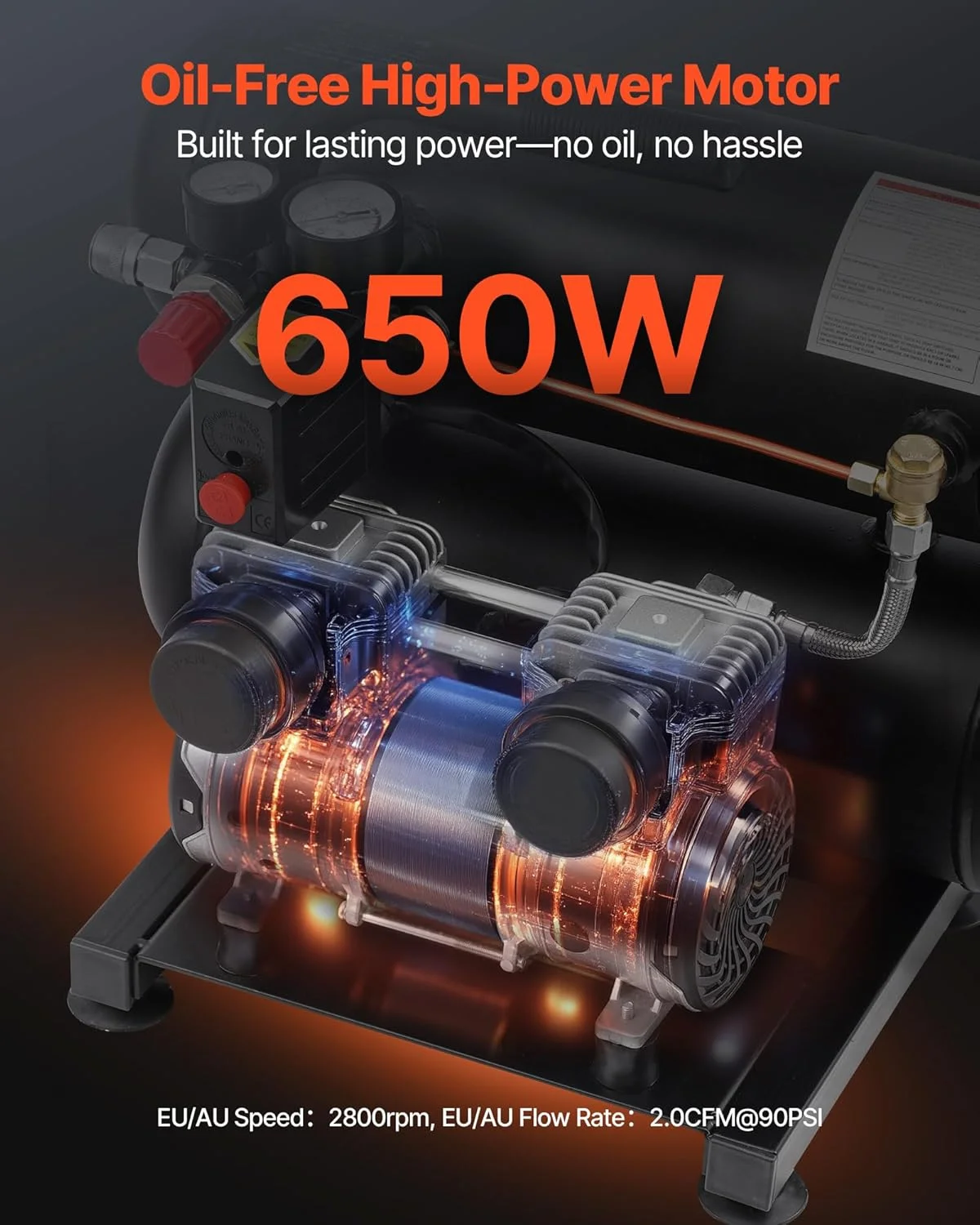 کمپرسور هوا VEVOR، مخزن 18 لیتری، کمپرسور هوای بدون روغن 650 وات، 2.0CFM، حداکثر فشار 120PSI، کمپرسور فوق سبک 80dB، کمپرسور بی صدا برای تعمیر خودرو، باد کردن تایر، رنگ آمیزی با اسپری کمپرسور هوا VEVOR، مخزن 18 لیتری، کمپرسور هوای بدون روغن 650 وات، 2.0CFM، حداکثر فشار 120PSI، کمپرسور فوق سبک 80dB، کمپرسور بی صدا برای تعمیر خودرو، باد کردن تایر، رنگ آمیزی با اسپری