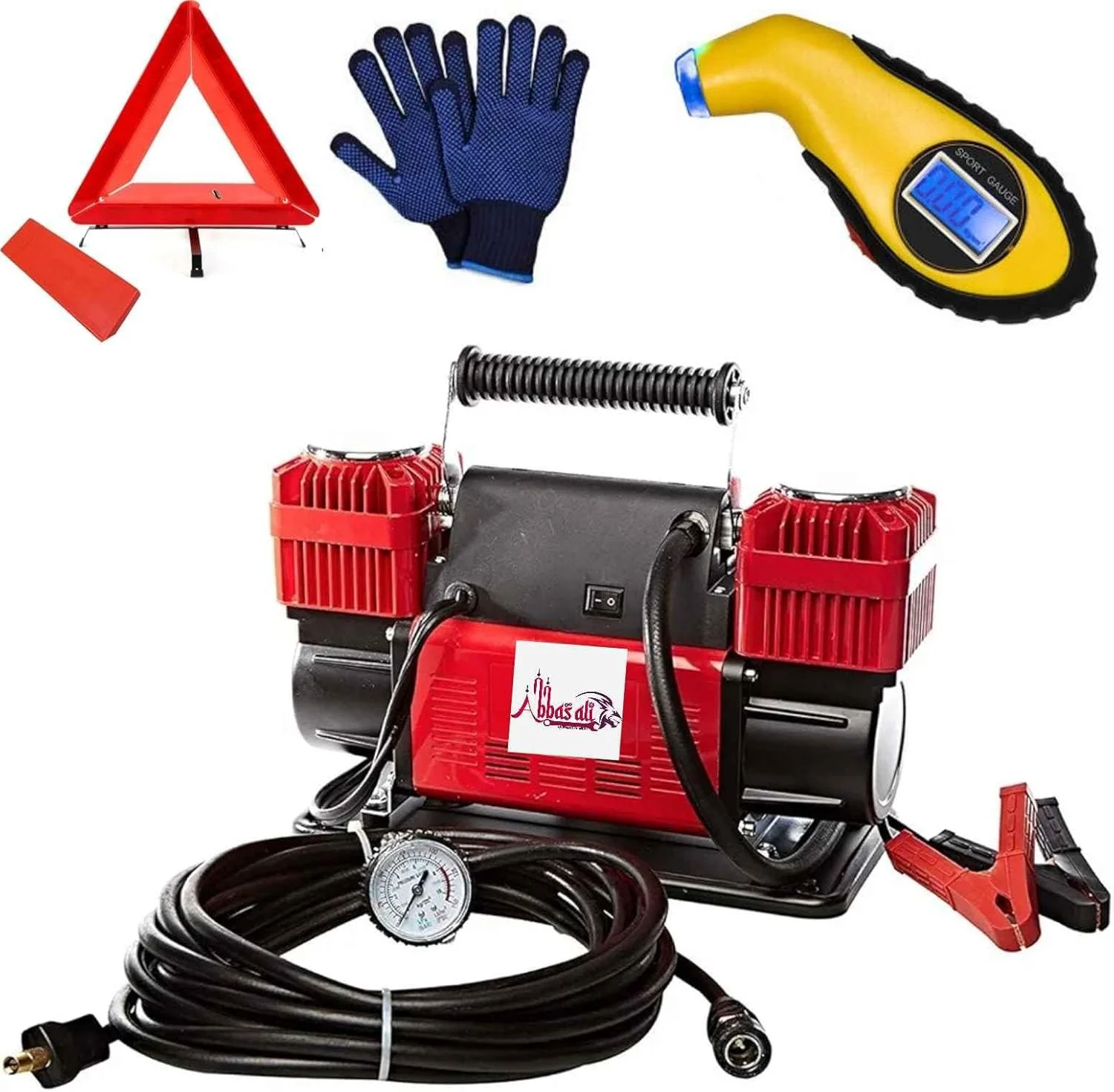 کمپرسور هوای قابل حمل عباسعلی مدل Max Force - کمپرسور هوای 12 ولت برای لاستیک خودرو و دوچرخه، توپ های ورزشی، تخت های بادی و وسایل بادی - شامل کیف حمل، مثلث ایمنی، دستکش و گیج باد