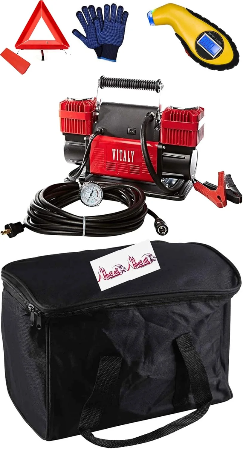 کمپرسور هوای قابل حمل عباسعلی مدل Max Force - کمپرسور هوای 12 ولت برای لاستیک خودرو و دوچرخه، توپ های ورزشی، تخت های بادی و وسایل بادی - شامل کیف حمل، مثلث ایمنی، دستکش و گیج باد