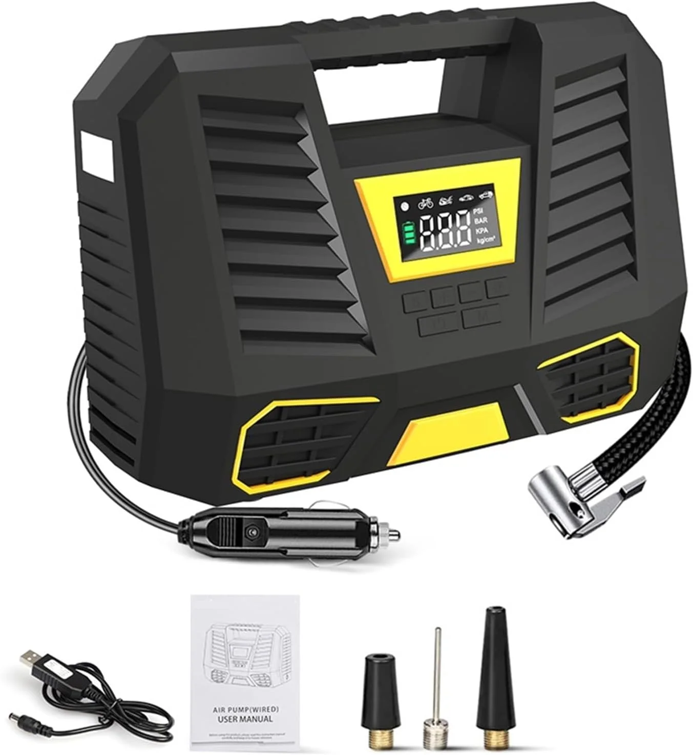 پمپ باد قابل حمل 150PSI برای خودرو با چراغ قوه LED و صفحه نمایش، پمپ باد سریع برای خودرو و دوچرخه (رنگ: سیمی) (بی سیم)