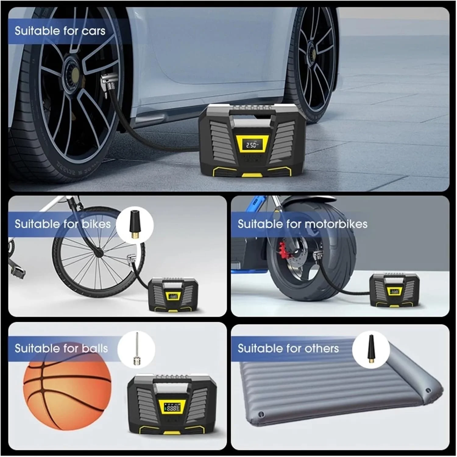 پمپ باد قابل حمل 150PSI برای خودرو با چراغ قوه LED و صفحه نمایش، پمپ باد سریع برای خودرو و دوچرخه (رنگ: سیمی) (بی سیم)