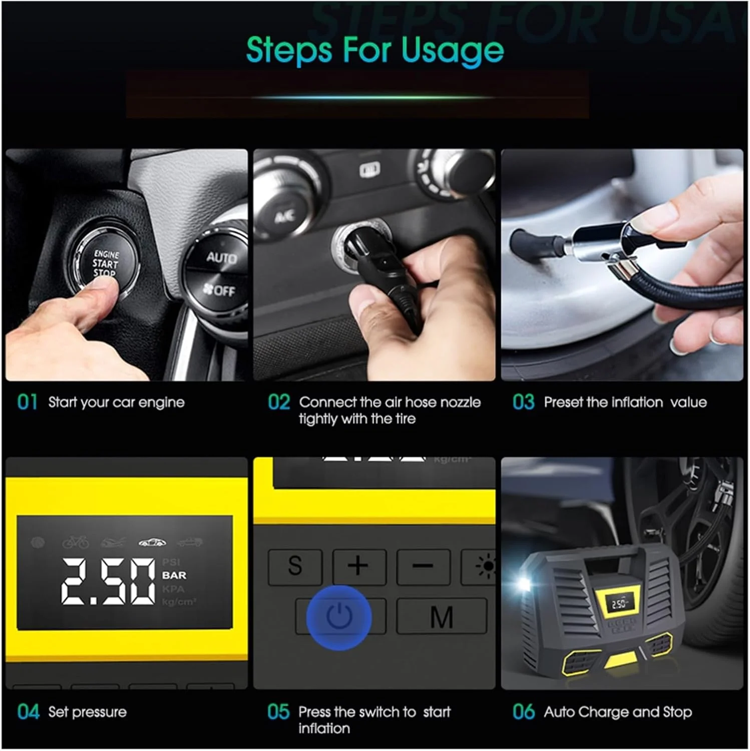 پمپ باد قابل حمل 150PSI برای خودرو با چراغ قوه LED و صفحه نمایش، پمپ باد سریع برای خودرو و دوچرخه (رنگ: سیمی) (بی سیم)