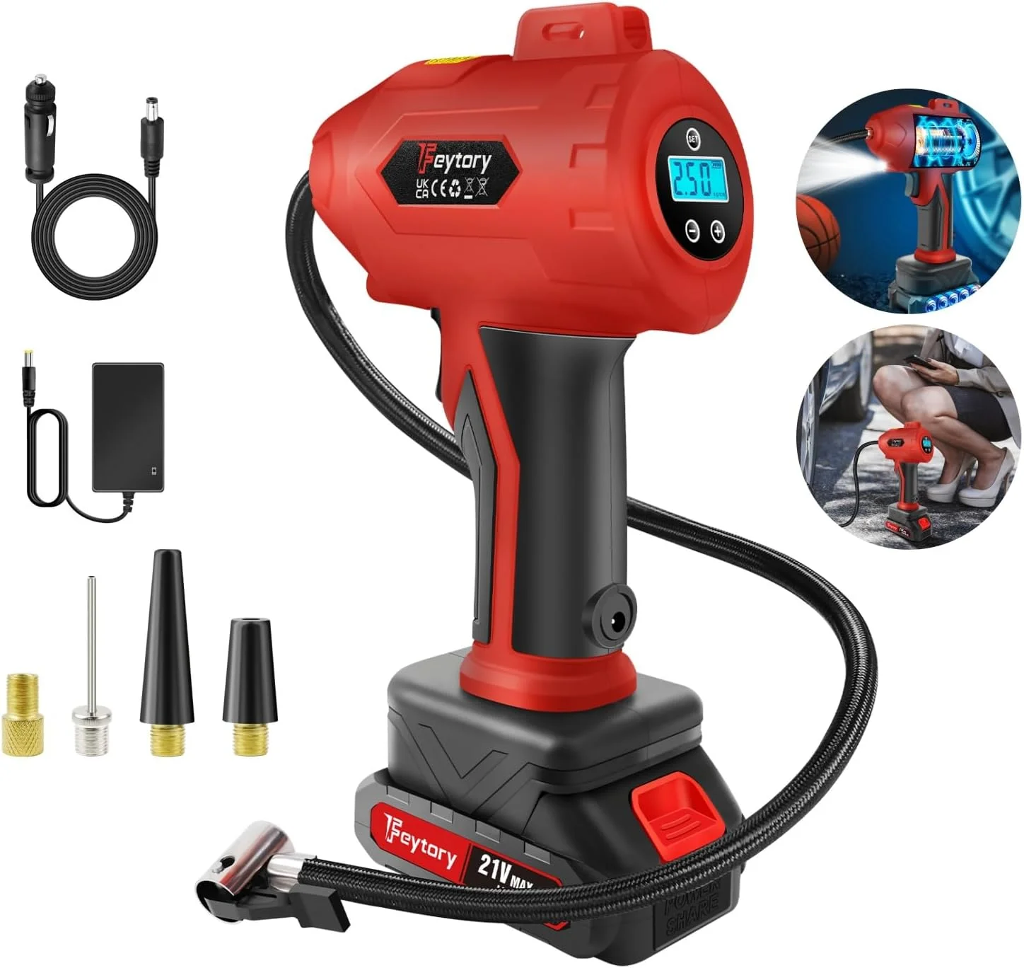 پمپ باد برقی 160PSI، کمپرسور باد خودرو بی سیم، باتری 1500mAh، پمپ تایر خودرو با گیج فشار دیجیتال، پمپ باد دستی قابل حمل، برای اتومبیل، موتورسیکلت، دوچرخه، بسکتبال، قرمز