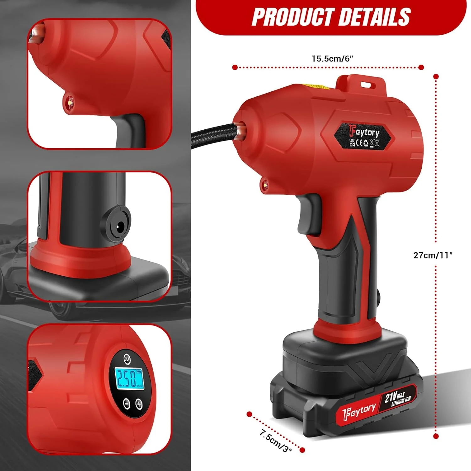 پمپ باد برقی 160PSI، کمپرسور باد خودرو بی سیم، باتری 1500mAh، پمپ تایر خودرو با گیج فشار دیجیتال، پمپ باد دستی قابل حمل، برای اتومبیل، موتورسیکلت، دوچرخه، بسکتبال، قرمز