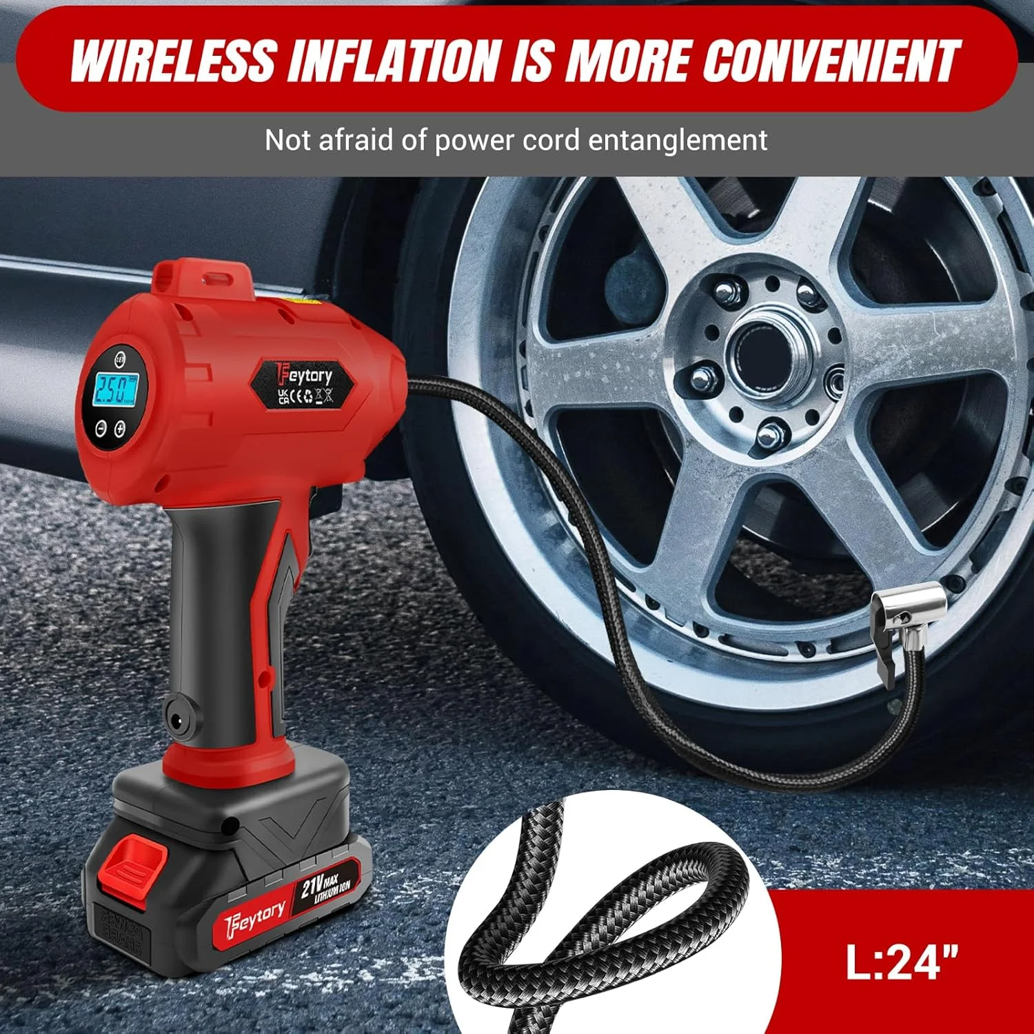 پمپ باد برقی 160PSI، کمپرسور باد خودرو بی سیم، باتری 1500mAh، پمپ تایر خودرو با گیج فشار دیجیتال، پمپ باد دستی قابل حمل، برای اتومبیل، موتورسیکلت، دوچرخه، بسکتبال، قرمز