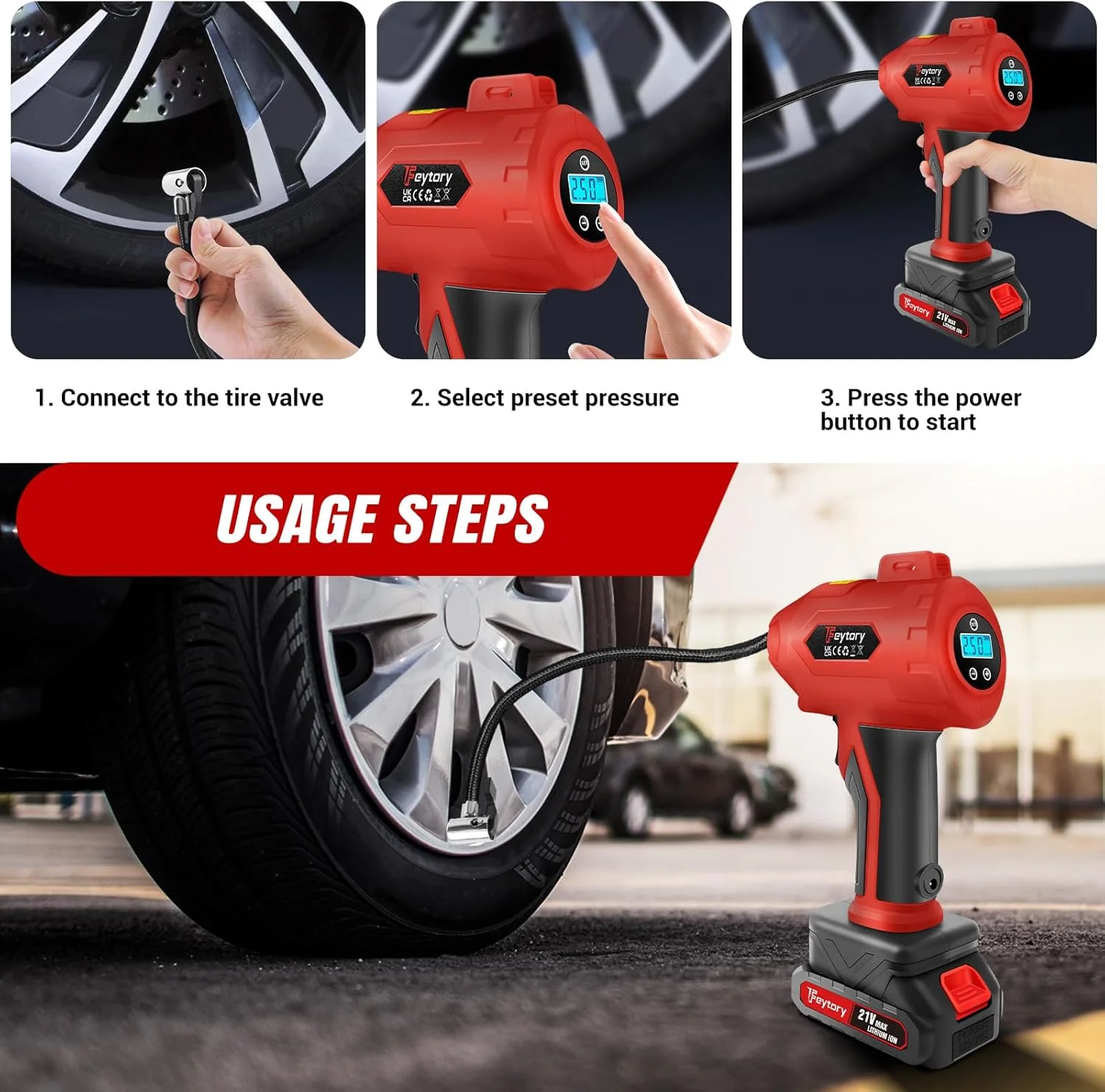 پمپ باد برقی 160PSI، کمپرسور باد خودرو بی سیم، باتری 1500mAh، پمپ تایر خودرو با گیج فشار دیجیتال، پمپ باد دستی قابل حمل، برای اتومبیل، موتورسیکلت، دوچرخه، بسکتبال، قرمز