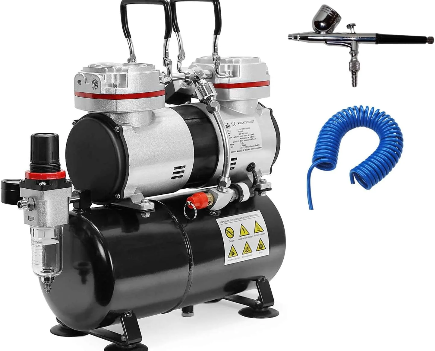 کمپرسور هوای کوچک HYCO با مخزن هوای 3.5 لیتری برای ایربراش، مناسب برای آرایش، تزیین کیک، خالکوبی، نقاشی صورت و بدن و ایربراشینگ. (پیستون دوبل با تفنگی قلمی و لوله ها)