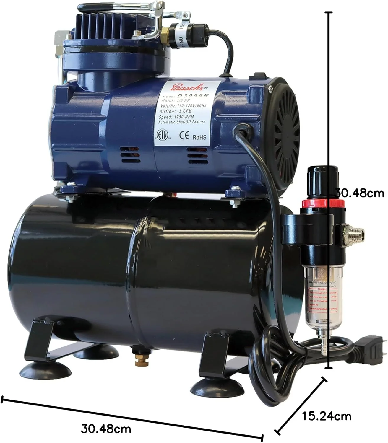 کمپرسور پاشه D3000R با توان 1/5 اسب بخار، به همراه مخزن، تنظیم کننده و تله رطوبت