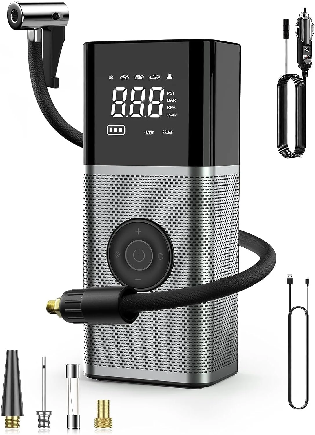 پمپ باد برقی با باتری 6000 میلی آمپر ساعت، کمپرسور USB، 10.3 بار، 12 ولت، 120 وات، پمپ برقی قابل حمل دوچرخه با چراغ اضطراری LED و 5 حالت باد کردن برای دوچرخه، ماشین