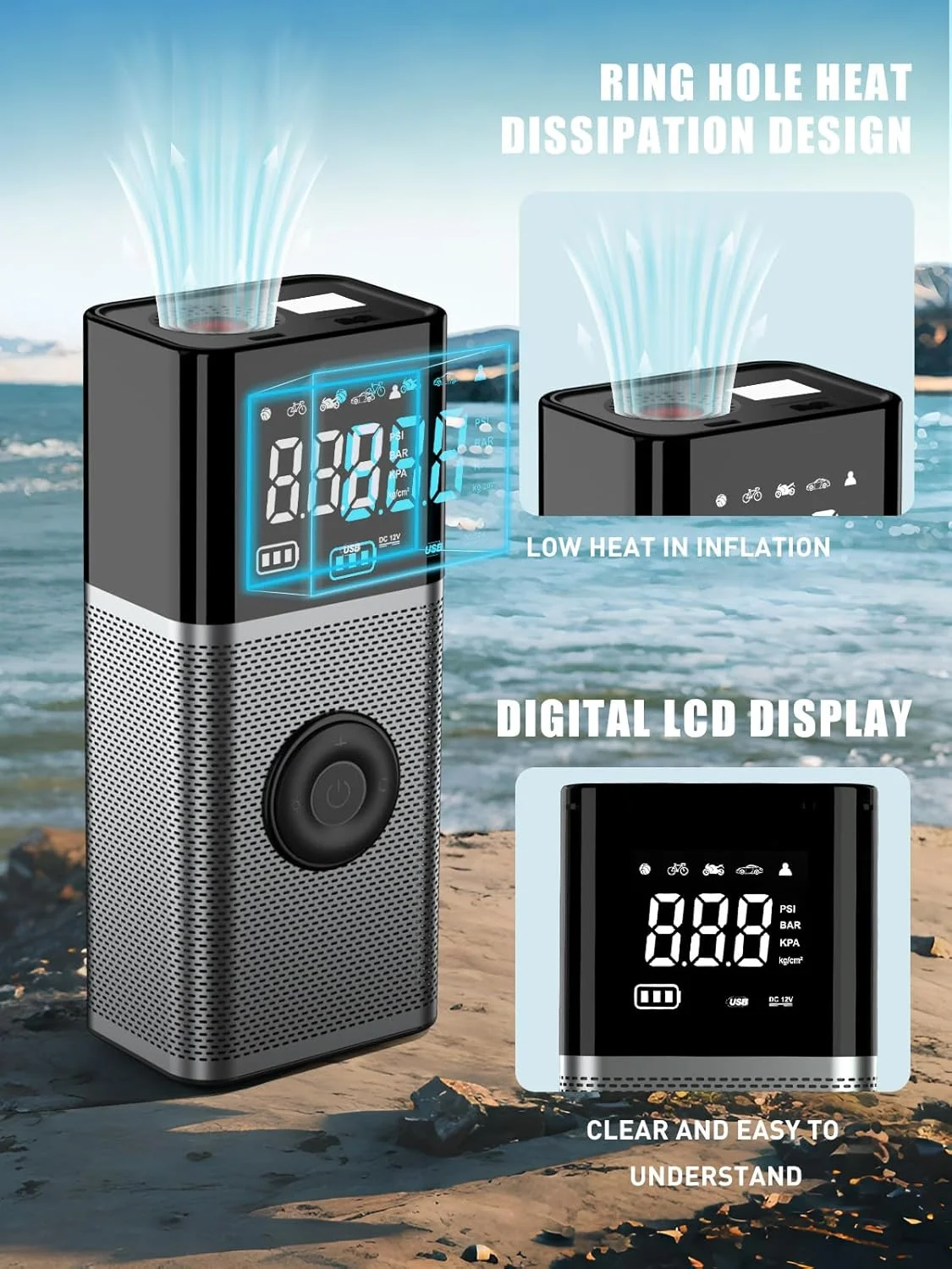 پمپ باد برقی با باتری 6000 میلی آمپر ساعت، کمپرسور USB، 10.3 بار، 12 ولت، 120 وات، پمپ برقی قابل حمل دوچرخه با چراغ اضطراری LED و 5 حالت باد کردن برای دوچرخه، ماشین