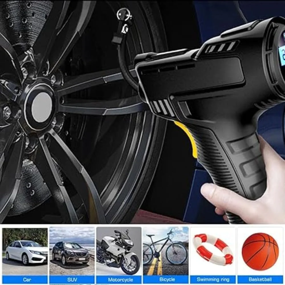 پمپ باد برقی قابل حمل، کمپرسور هوا ۱۵۰ PSI، نمایشگر دیجیتال، چراغ LED، آداپتورهای نازل برای ماشین، موتور سیکلت، دوچرخه، توپ