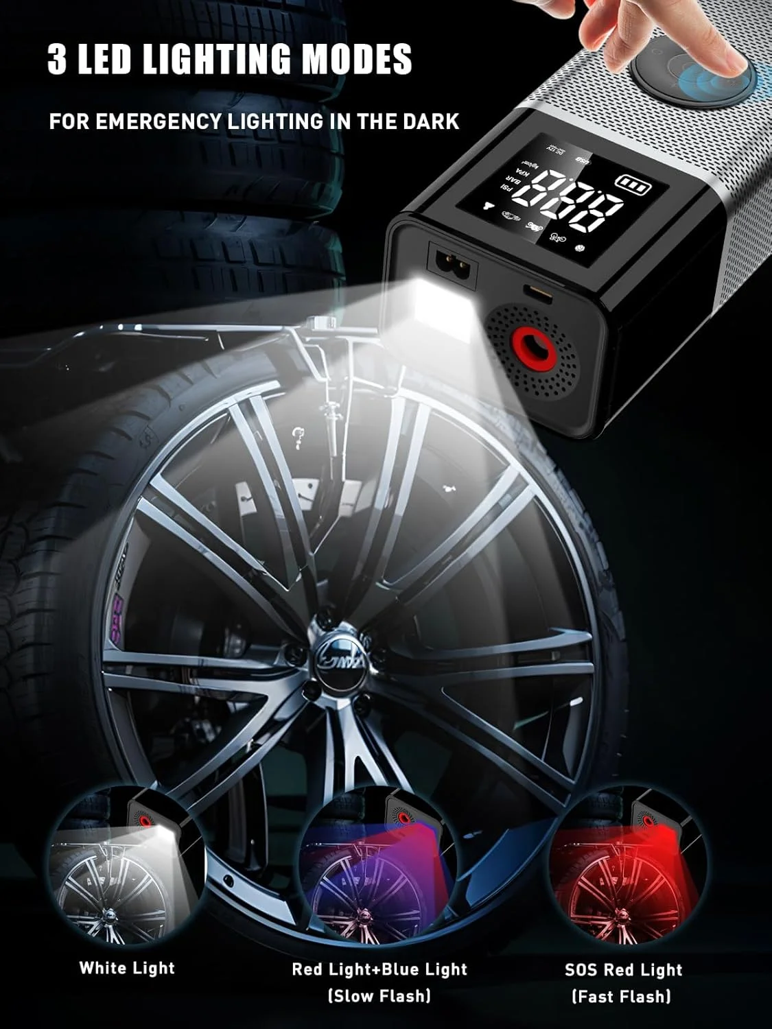 پمپ باد برقی با باتری 6000 میلی آمپر ساعت، کمپرسور USB، 10.3 بار، 12 ولت، 120 وات، پمپ برقی قابل حمل دوچرخه با چراغ اضطراری LED و 5 حالت باد کردن برای دوچرخه، ماشین